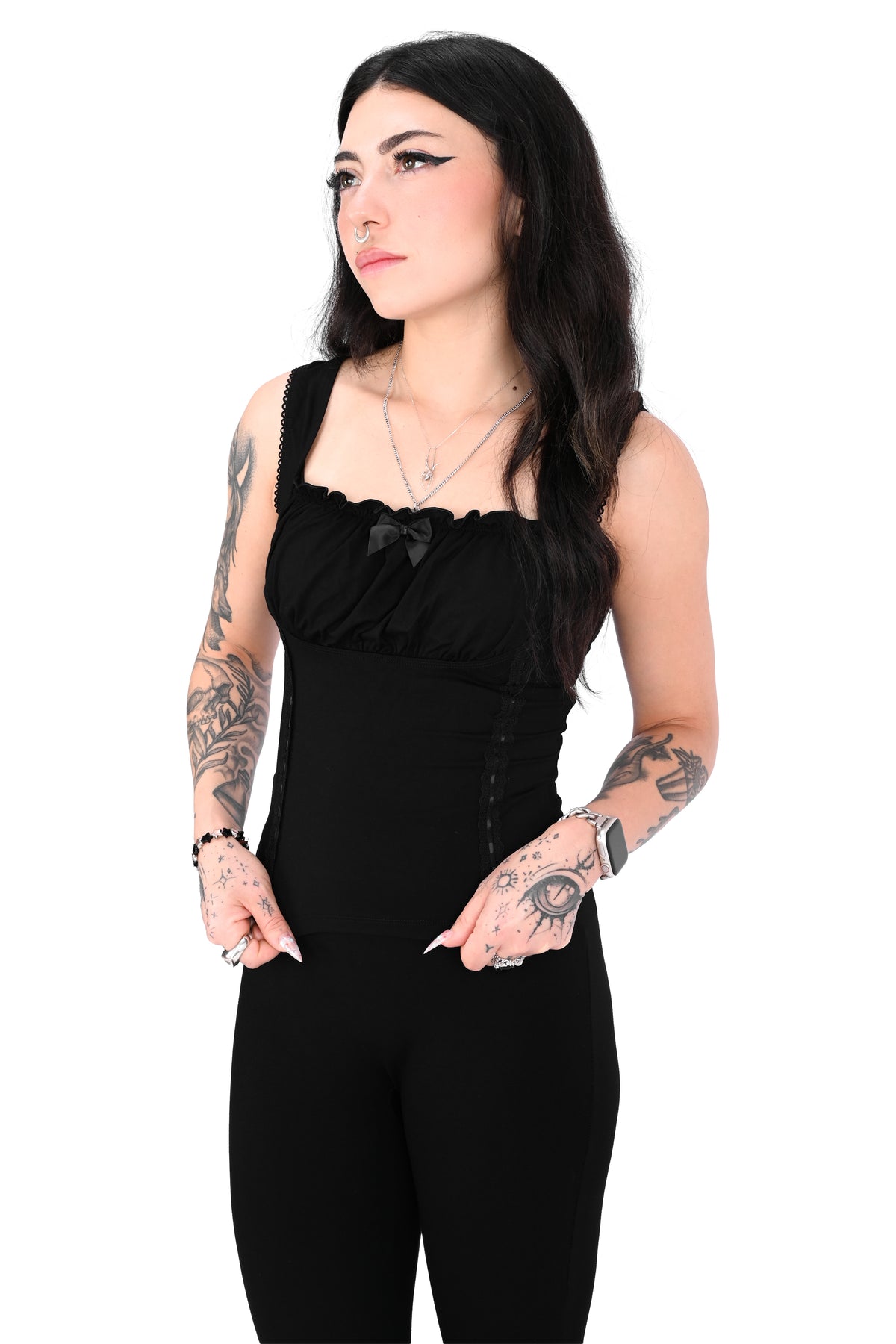 black tank top with princess seams and a gathered bust line