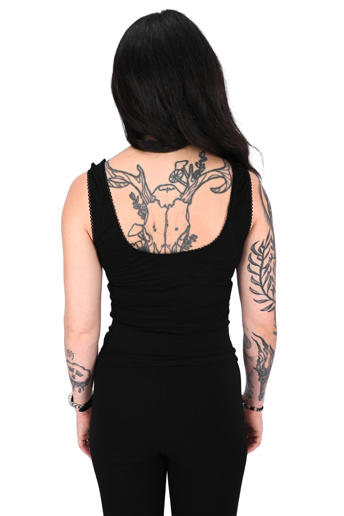 black tank top with princess seams and a gathered bust line