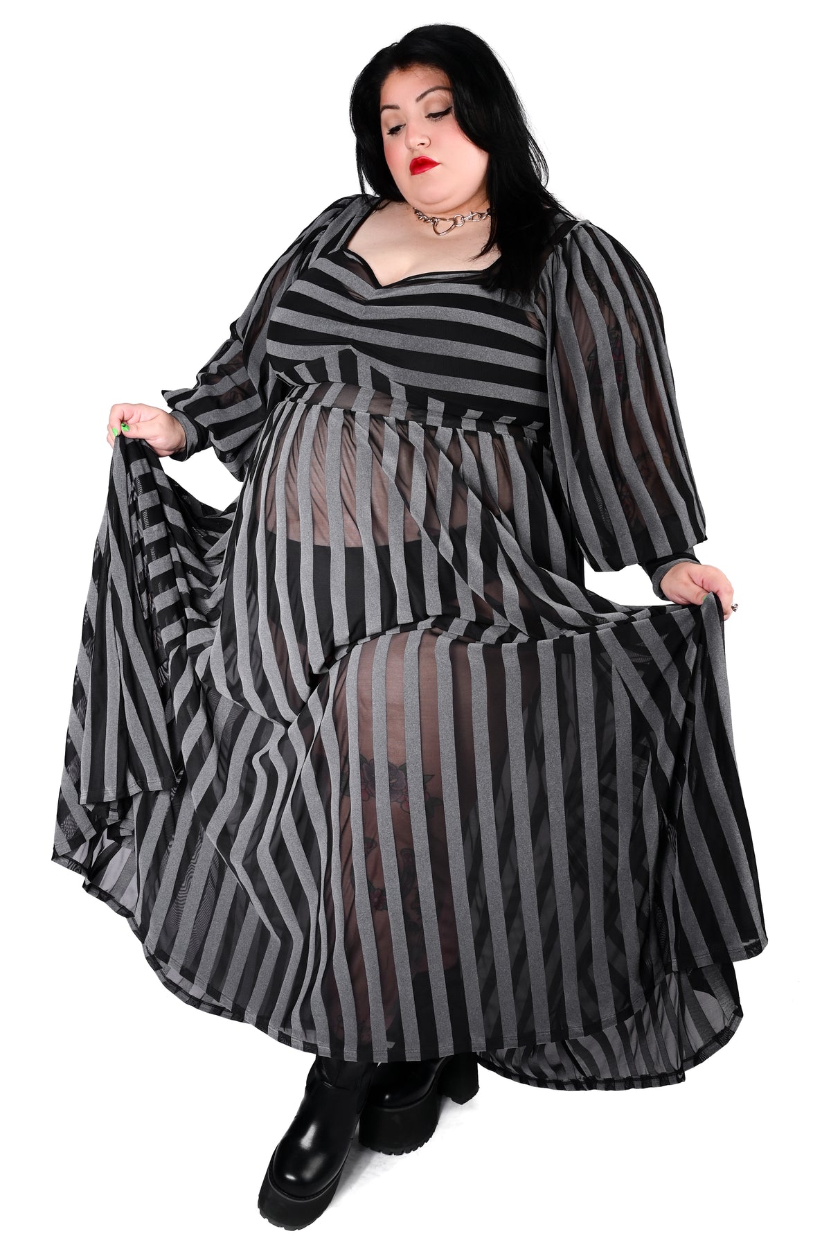 Victoria Striped Mesh Gown - Dark Grey