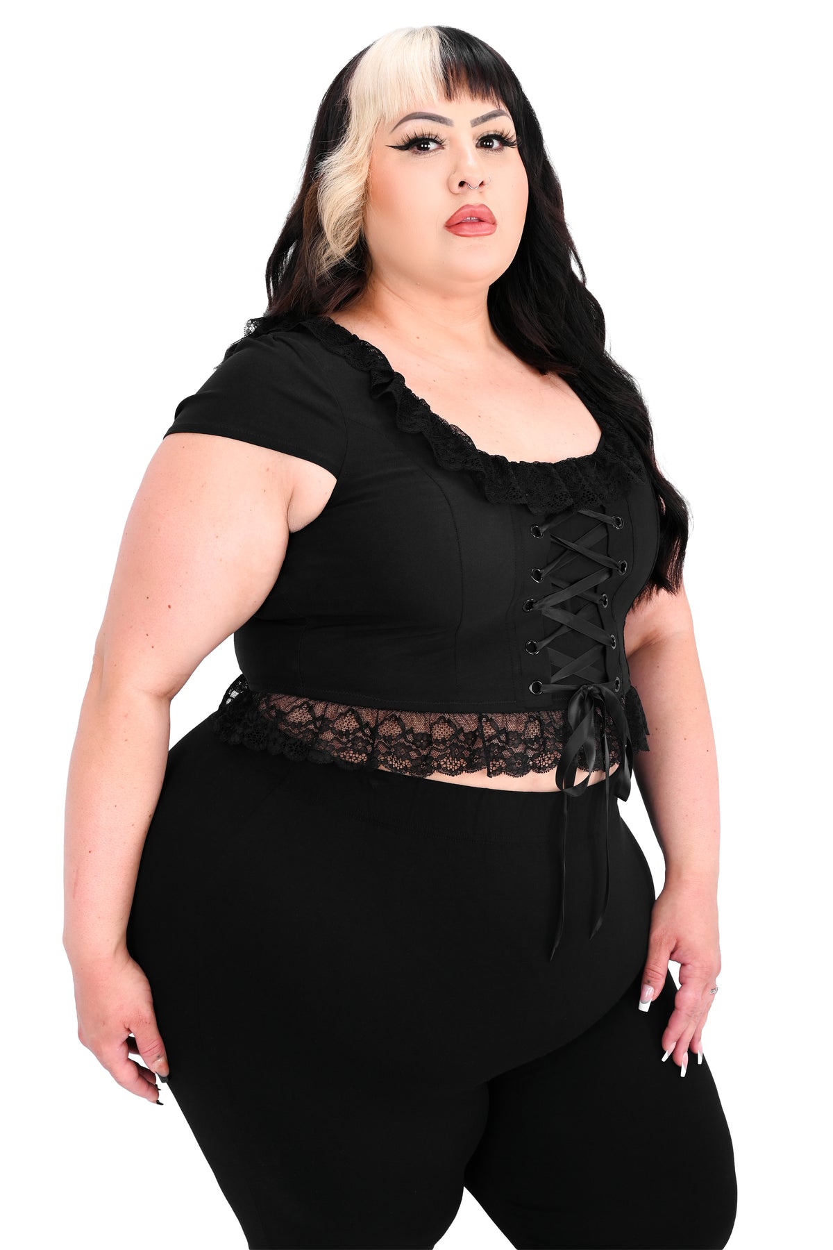 black twill corset top with cap sleeves and lace trim