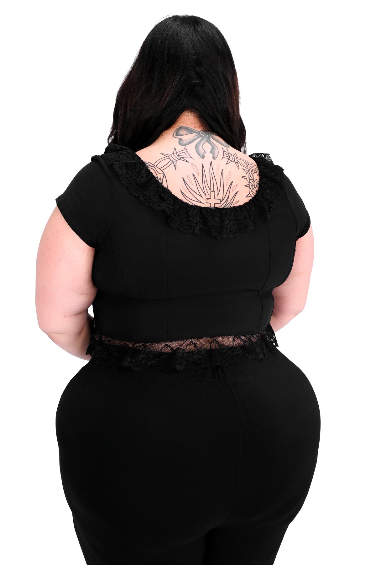 black twill corset top with cap sleeves and lace trim