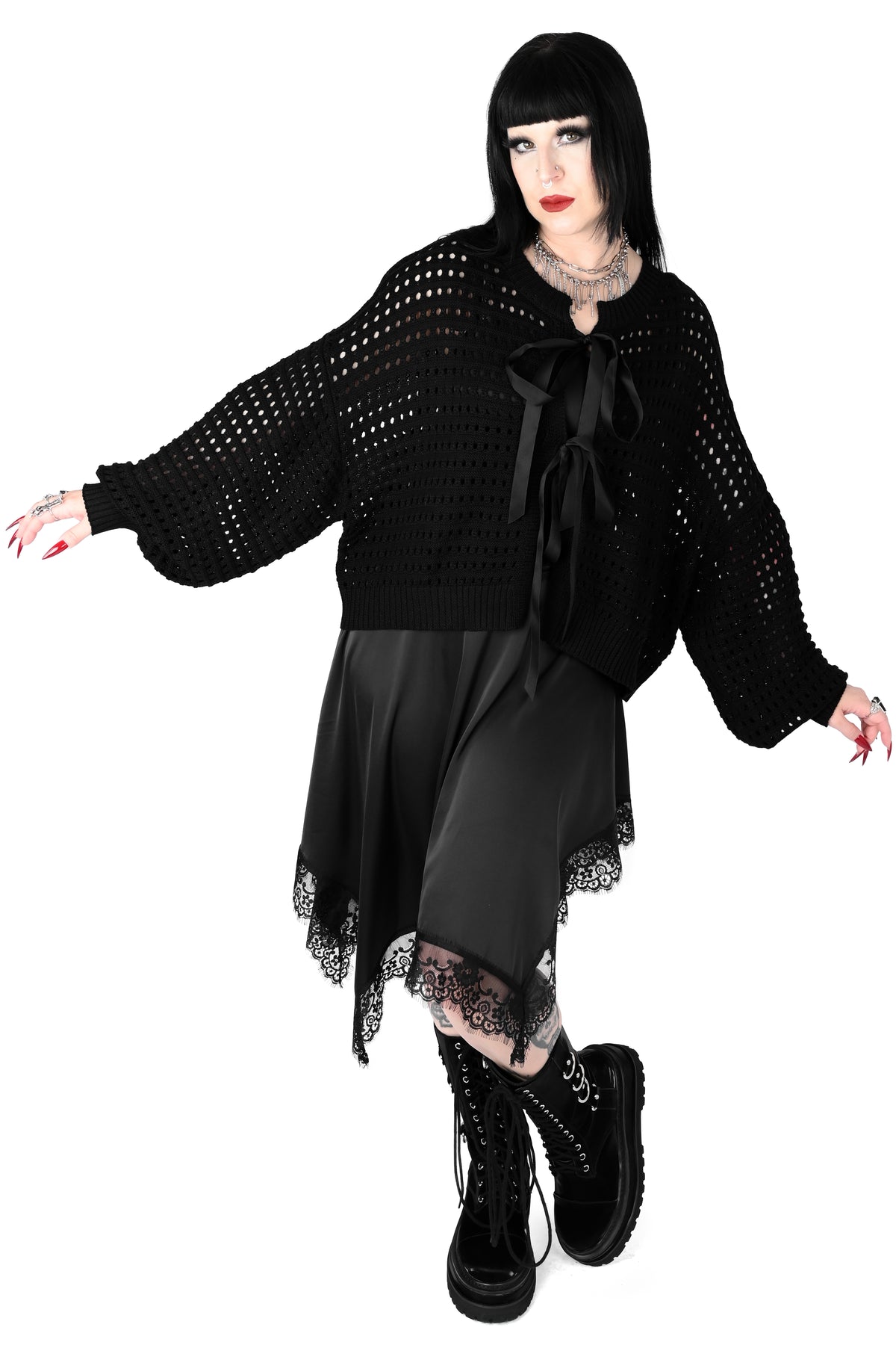 boxy oversized cardigan with 2 ribbon front closures