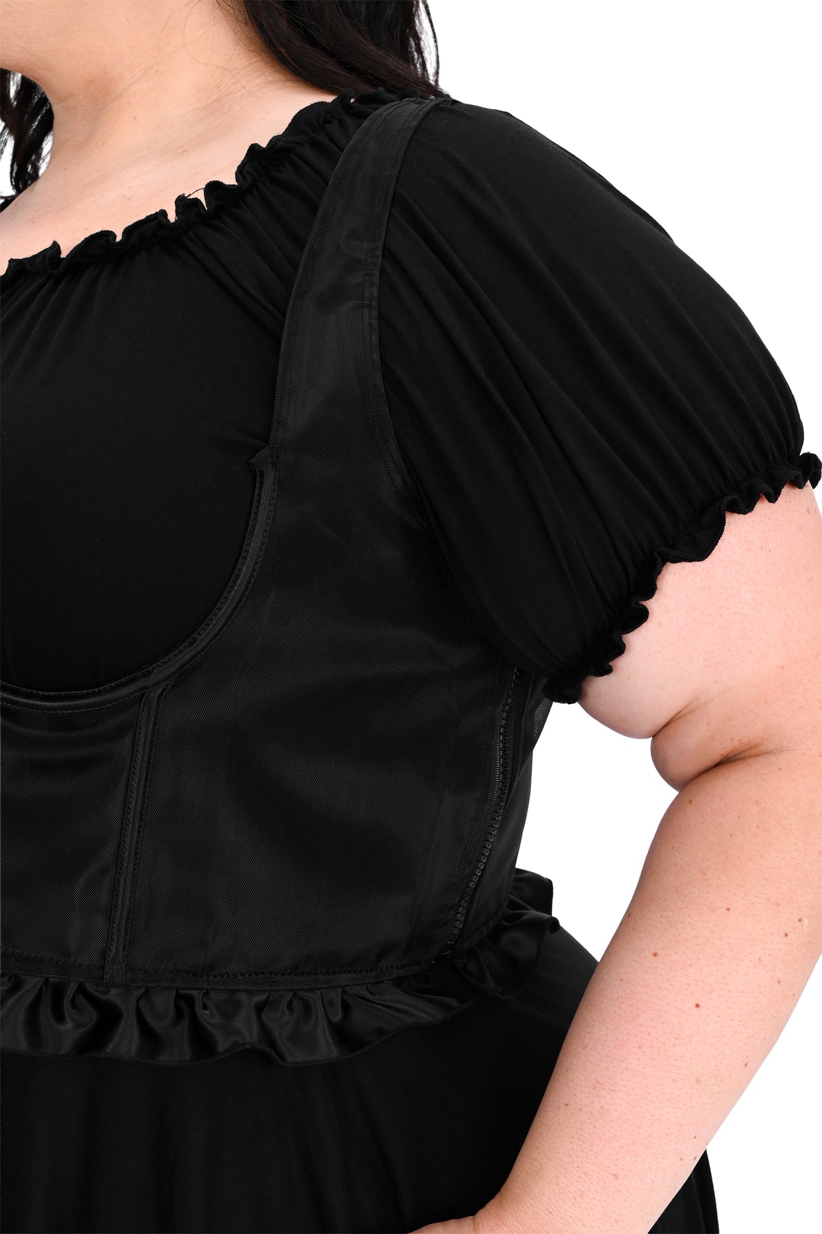 black mesh underbust corset with bottom ruffle