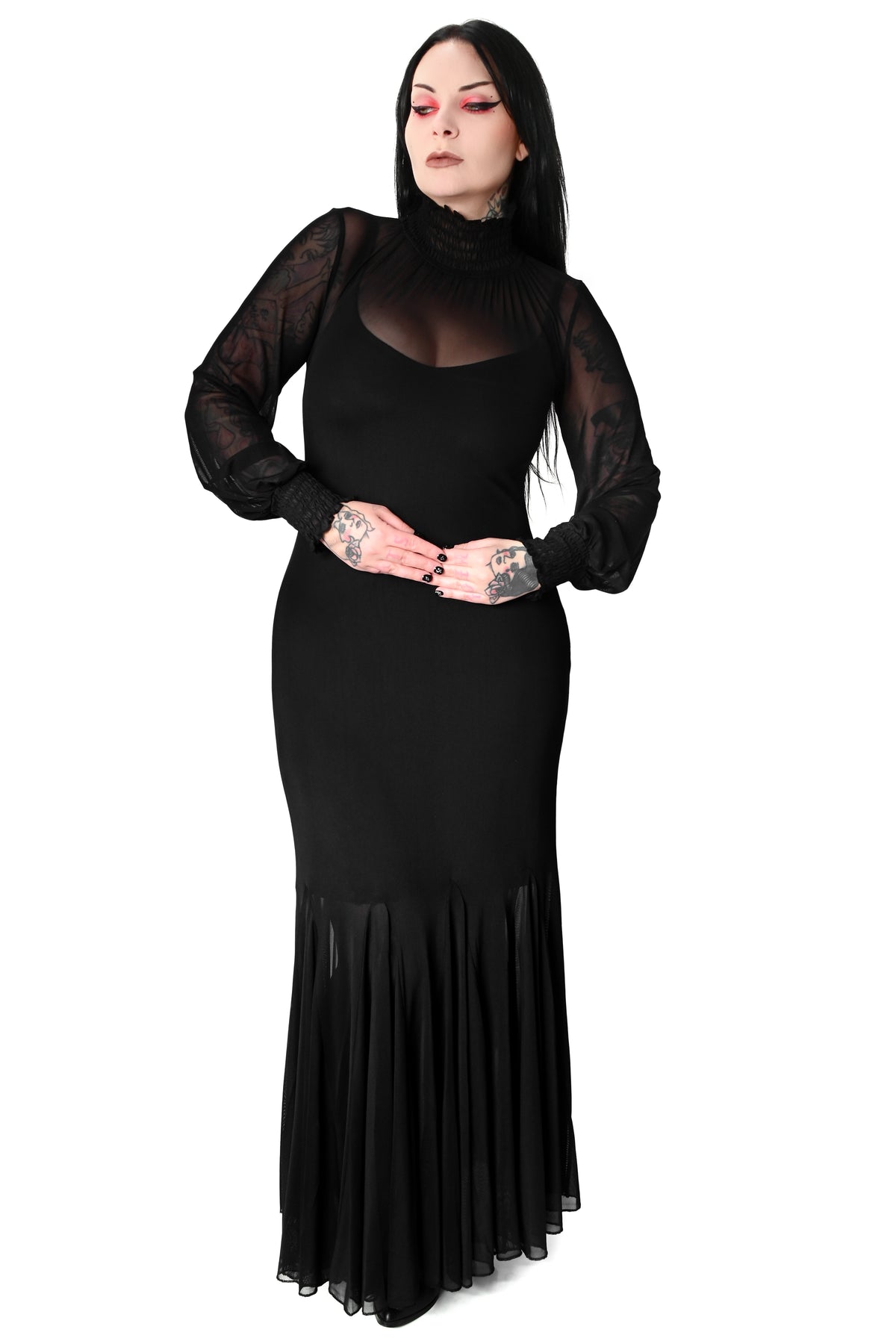 Flowing mesh dress with open flared godet skirt, a smocked neck and long sleeves