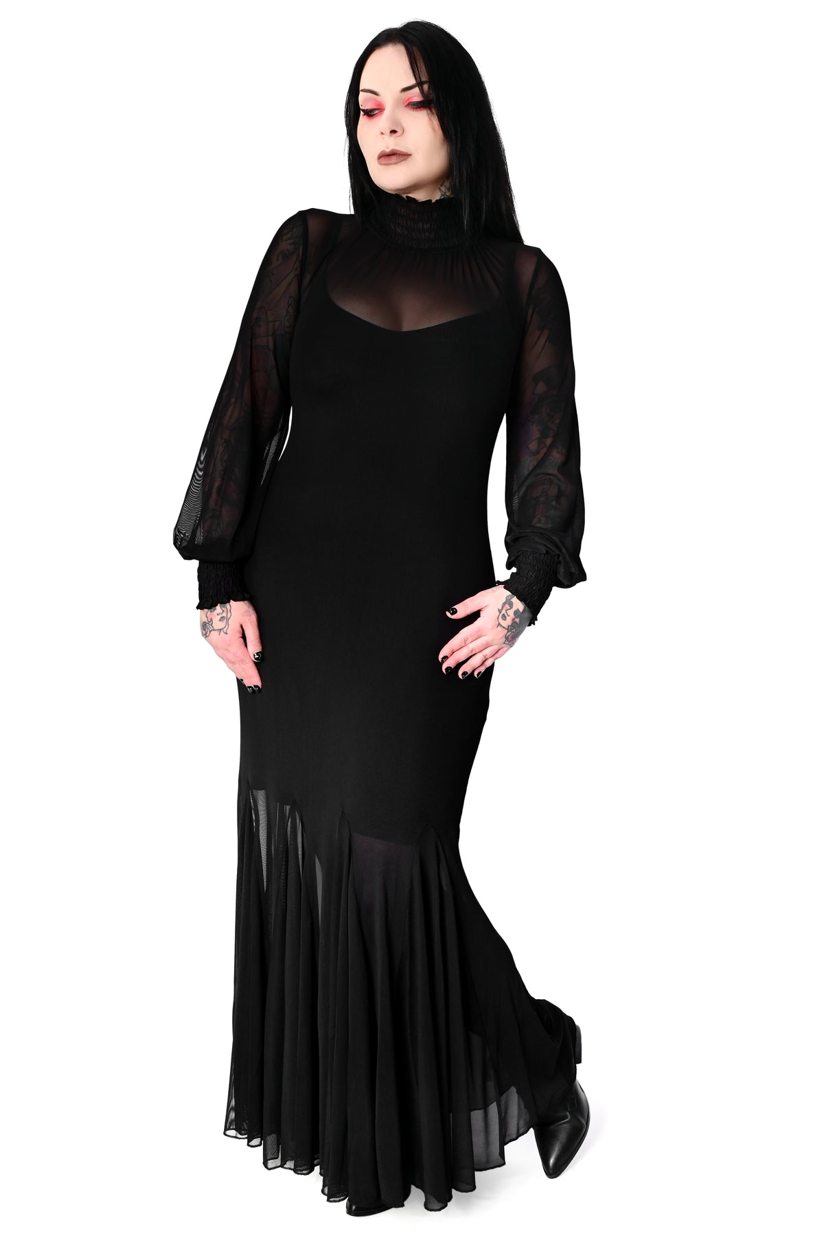 Flowing mesh dress with open flared godet skirt, a smocked neck and long sleeves