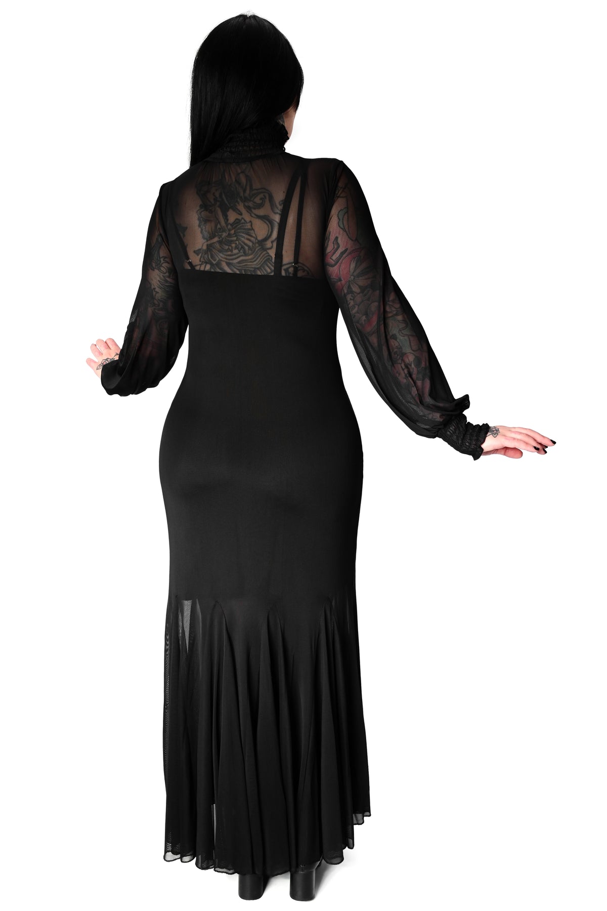 Flowing mesh dress with open flared godet skirt, a smocked neck and long sleeves