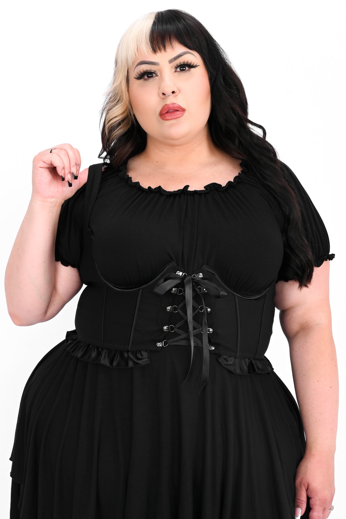 black twill underbust corset with bottom ruffle