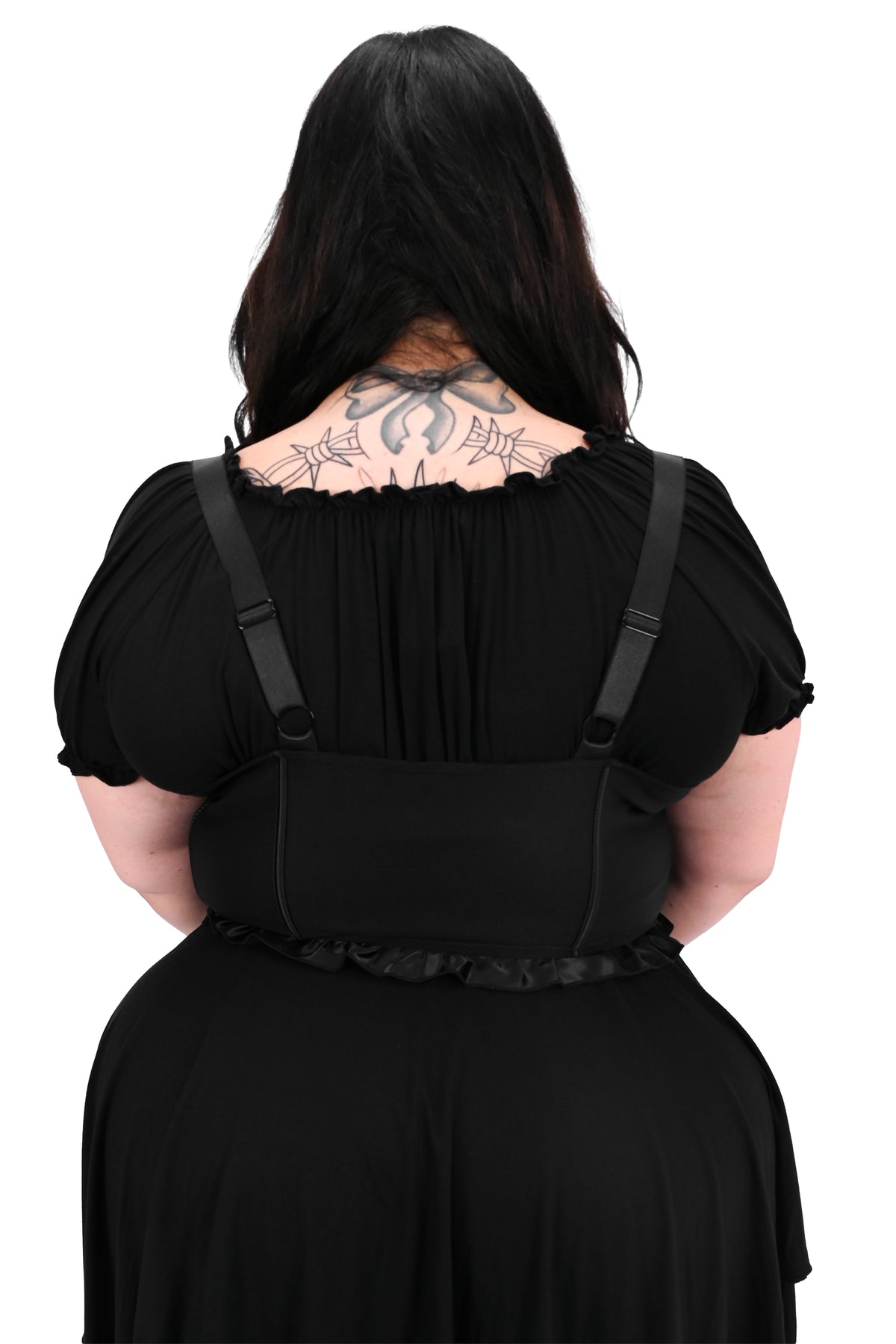 black twill underbust corset with bottom ruffle