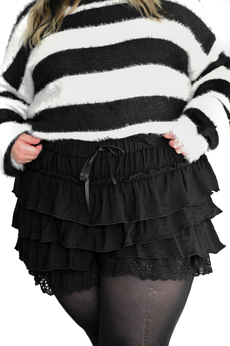 black ruffle bloomers with bow on front and lace bottom hem