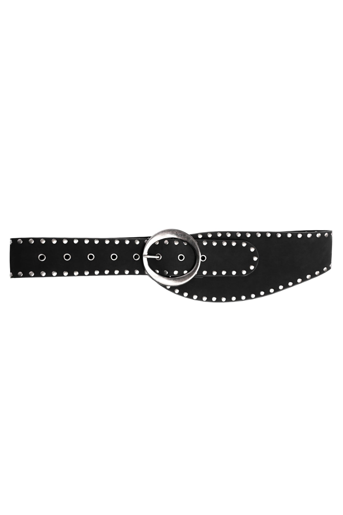 flat lay of a black vegan leather belt with a silver oval belt buckle and flat studs