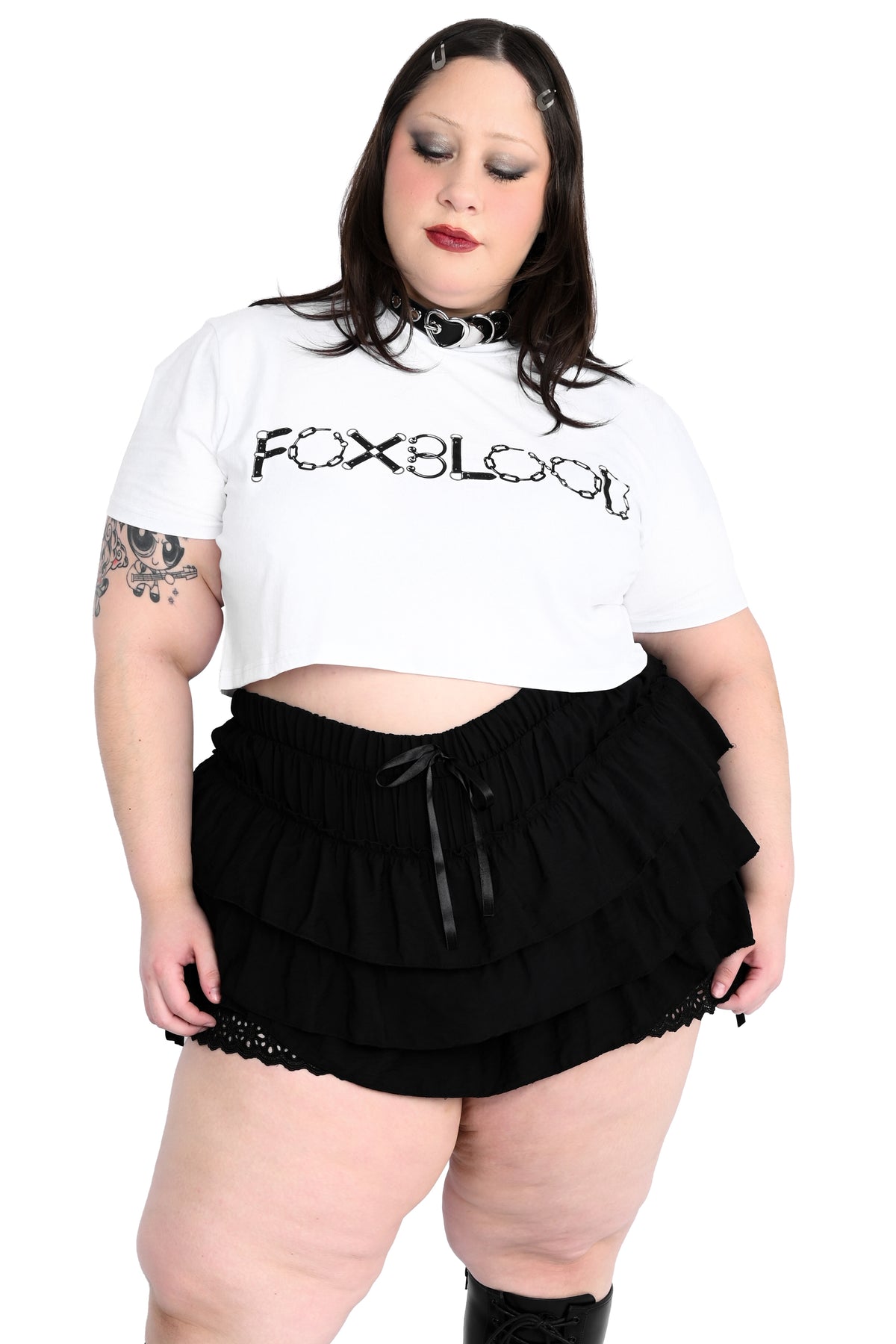White crop tee with our Foxblood Bondage Logo
