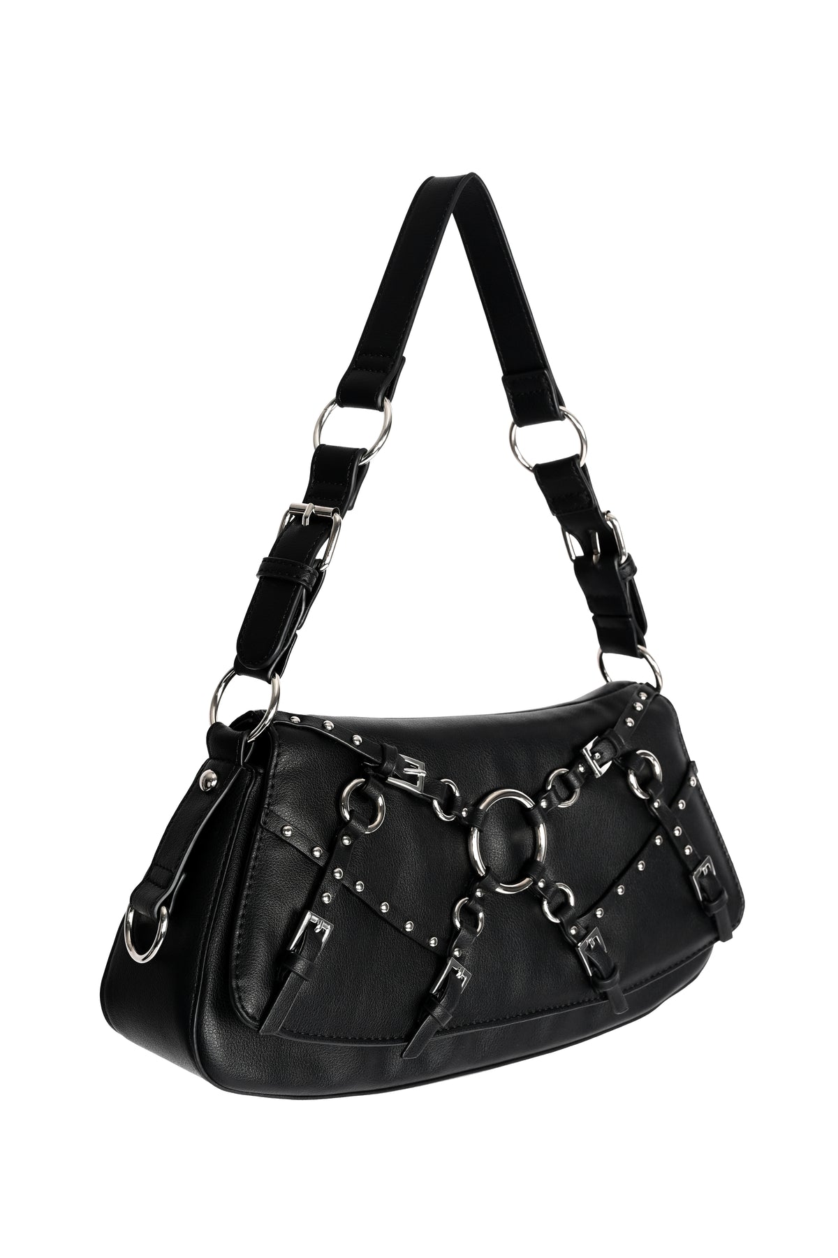 Black shoulder bag with silver-tone hardware, studded straps, and a long adjustable shoulder strap, shown on a plain white background at a 3/4 angle.