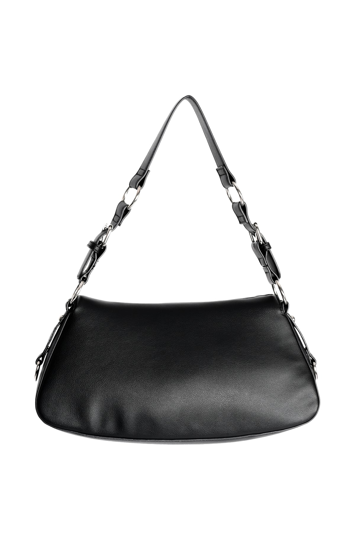 A black leather shoulder bag with a curved, slouchy silhouette and a matching shoulder strap featuring silver-tone hardware, shown against a plain white background.