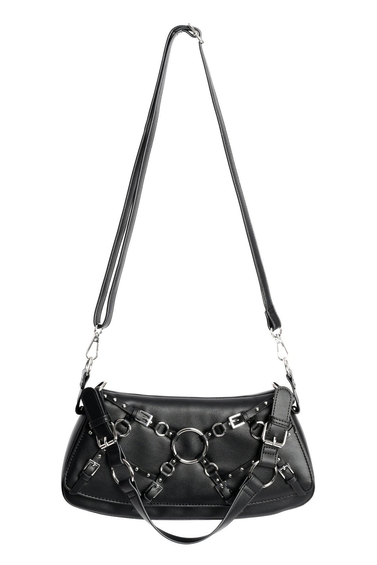 A black leather shoulder bag with silver-tone hardware, featuring a front flap decorated with metal rings, studs, and buckles, and a long adjustable shoulder strap, shown against a plain white background.