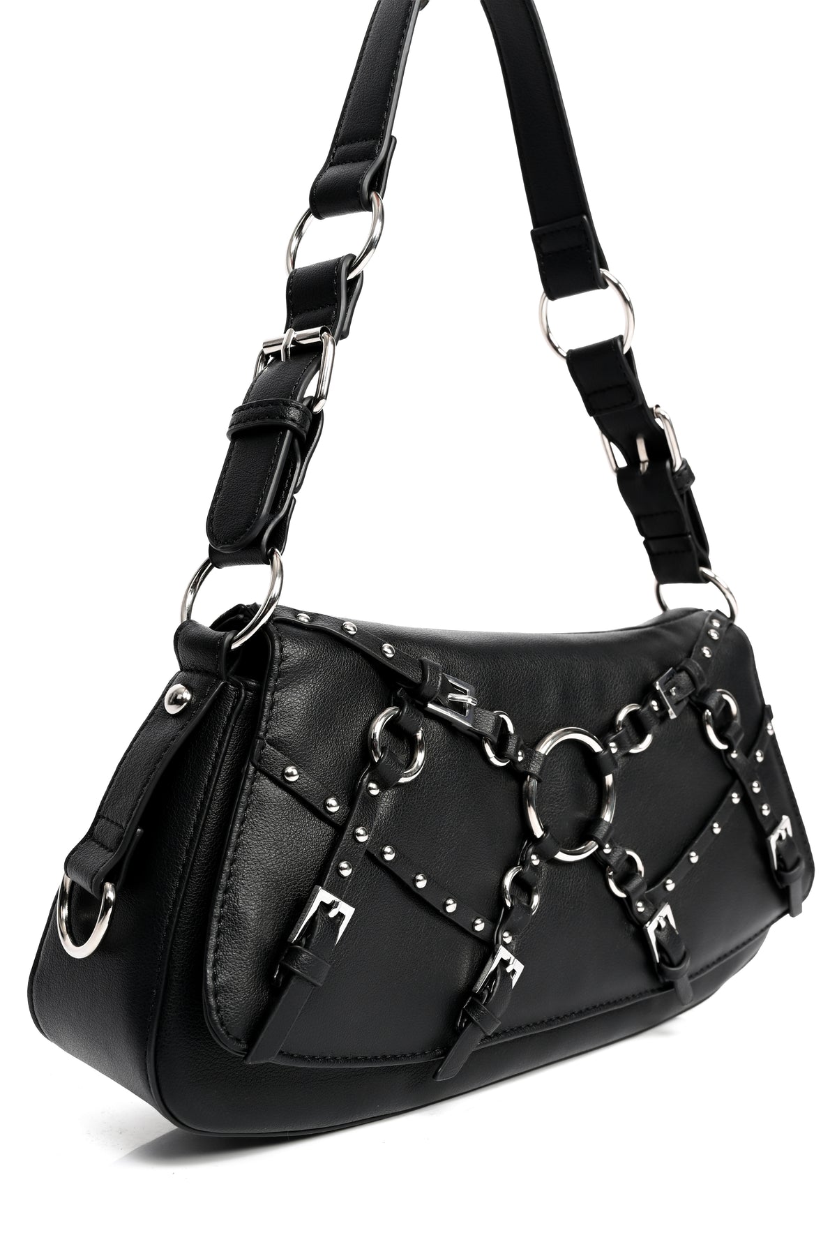 Black leather shoulder bag with silver-tone hardware, including chain straps, buckles, studs, and large O-rings, shown on a white background.