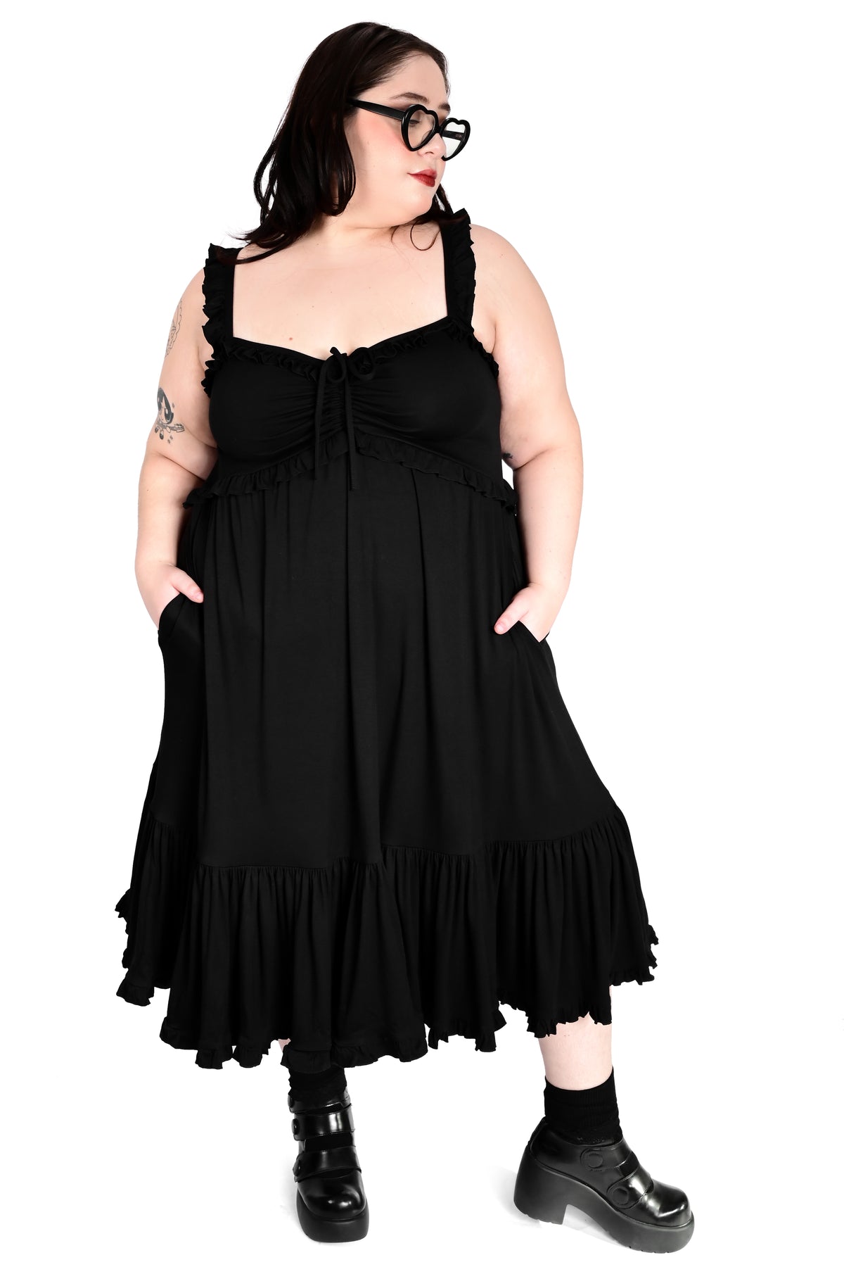 midi dress with frill at bottom midi dress with frill hem Sander Black Mesh Long-Sleeve Ruffle-Hem Midi Dress Club L