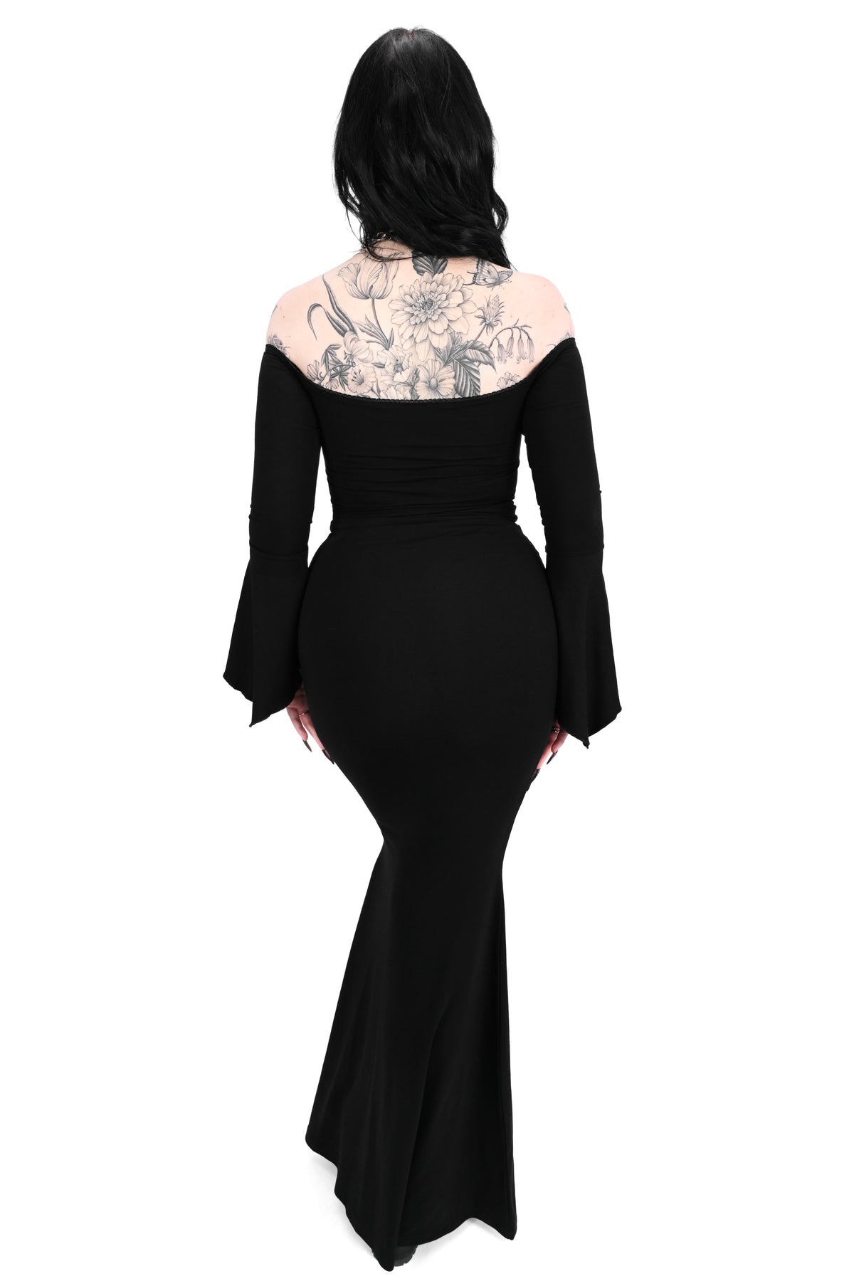 black bell sleeve off the shoulder maxi dress with flared bottom and dagger pendant in the middle of the neckline