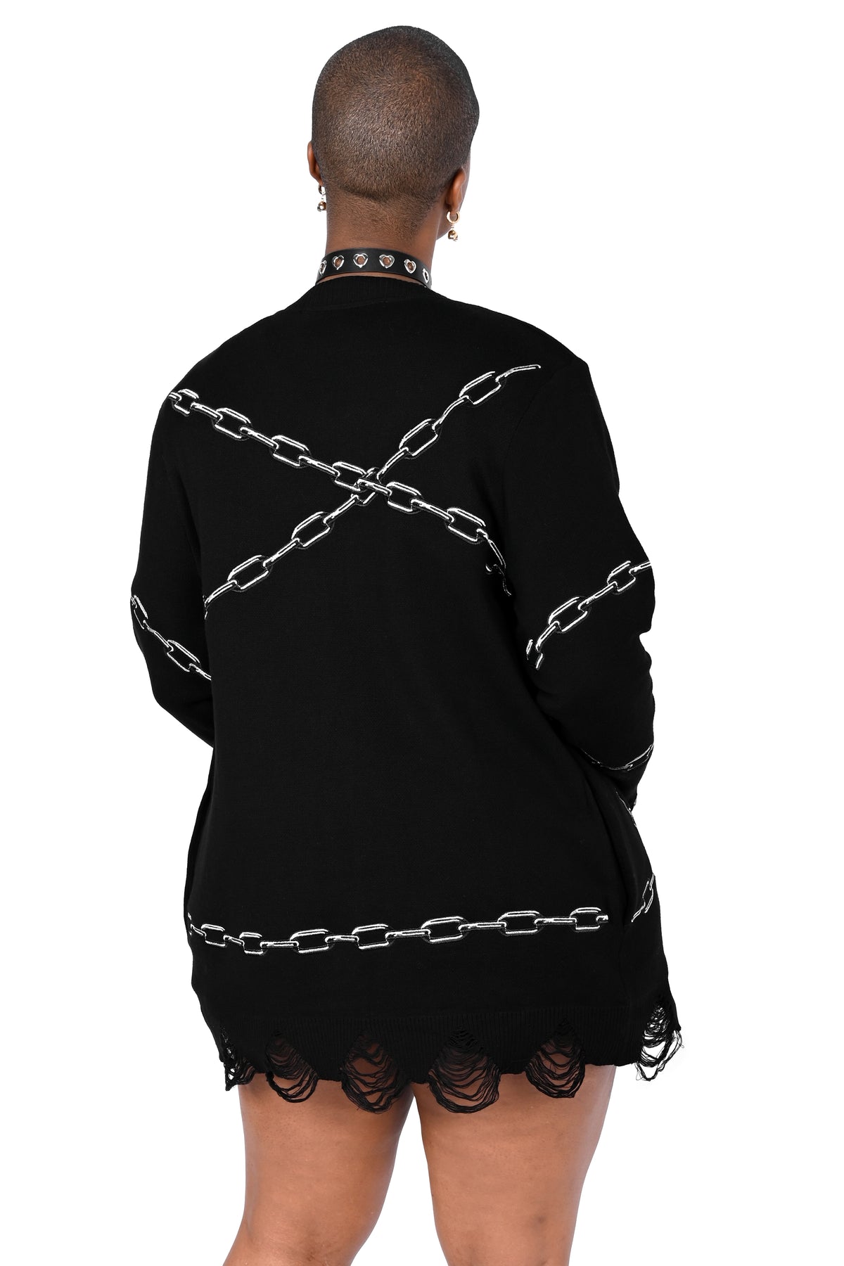 Black button up cardigan with embroidered chain and heart locket