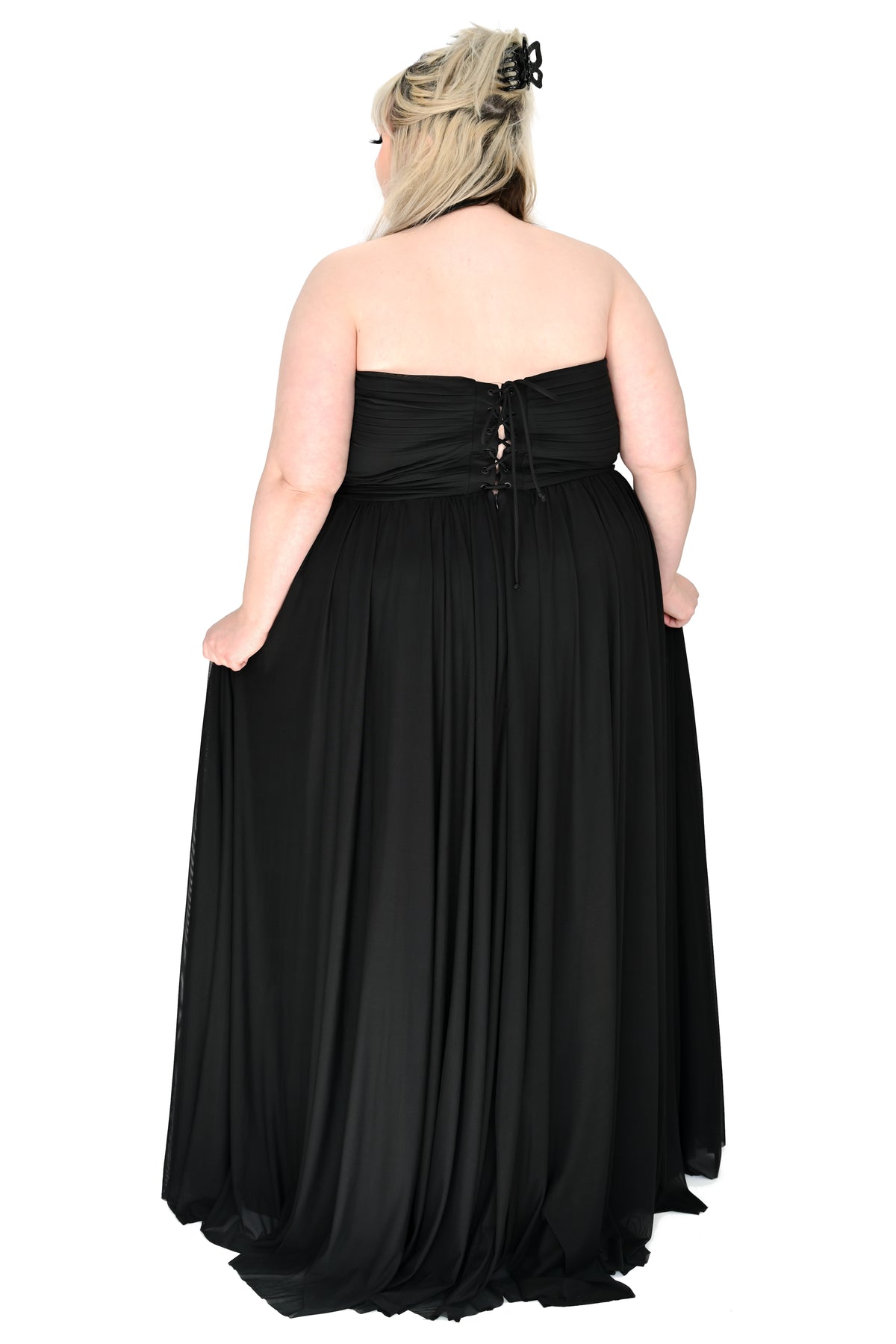 black mesh gown with keyhole waist and side slit