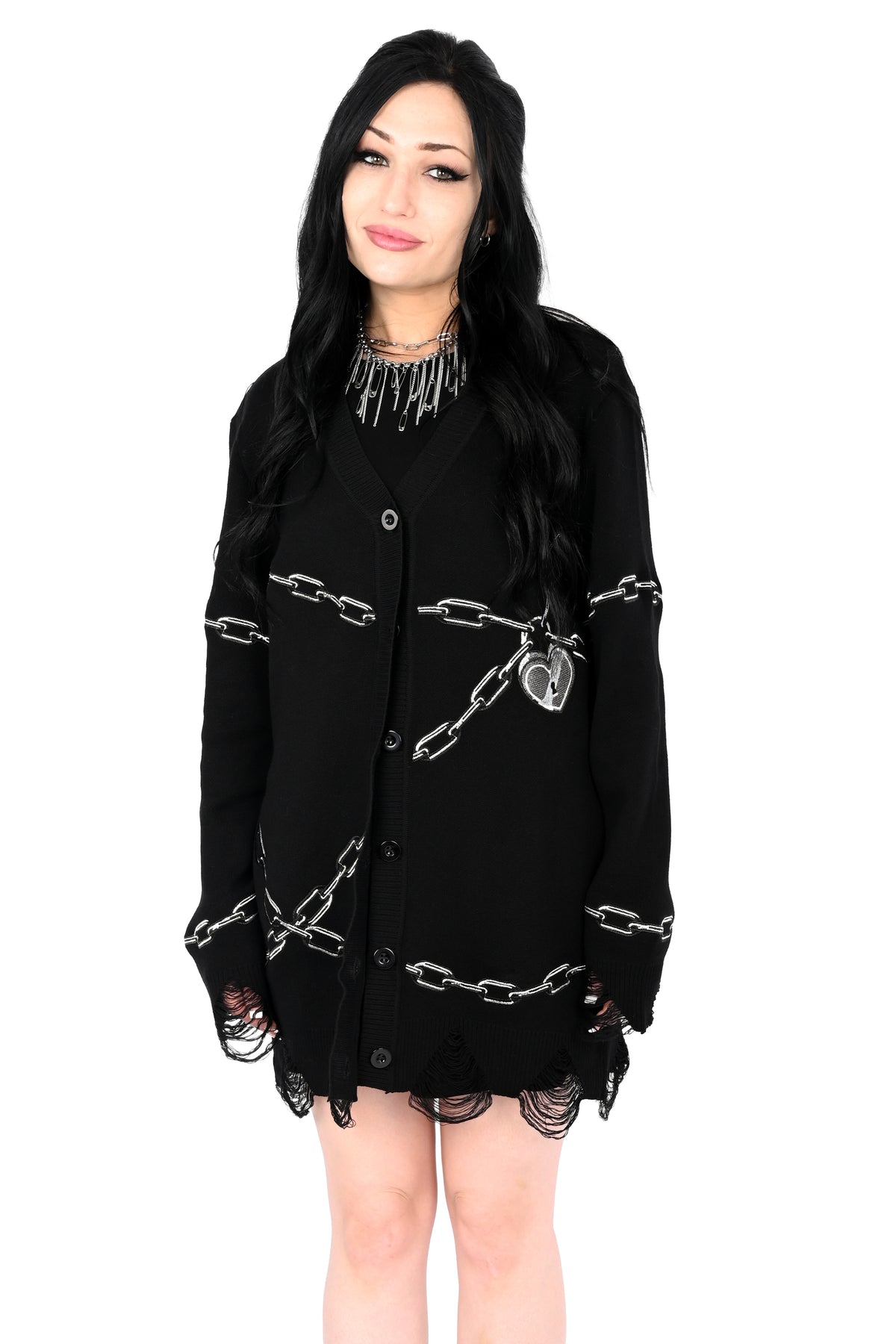 Black button up cardigan with embroidered chain and heart locket