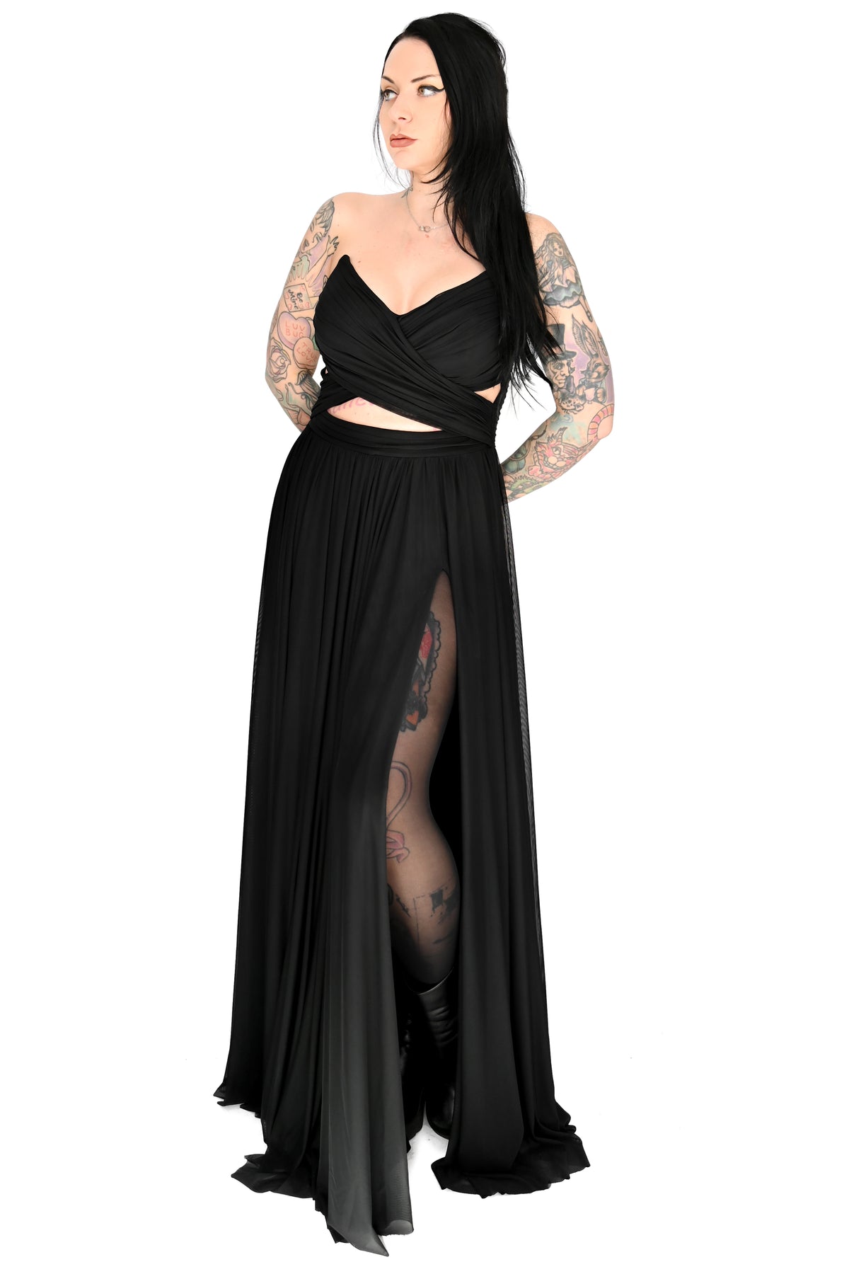 black mesh gown with keyhole waist and side slit