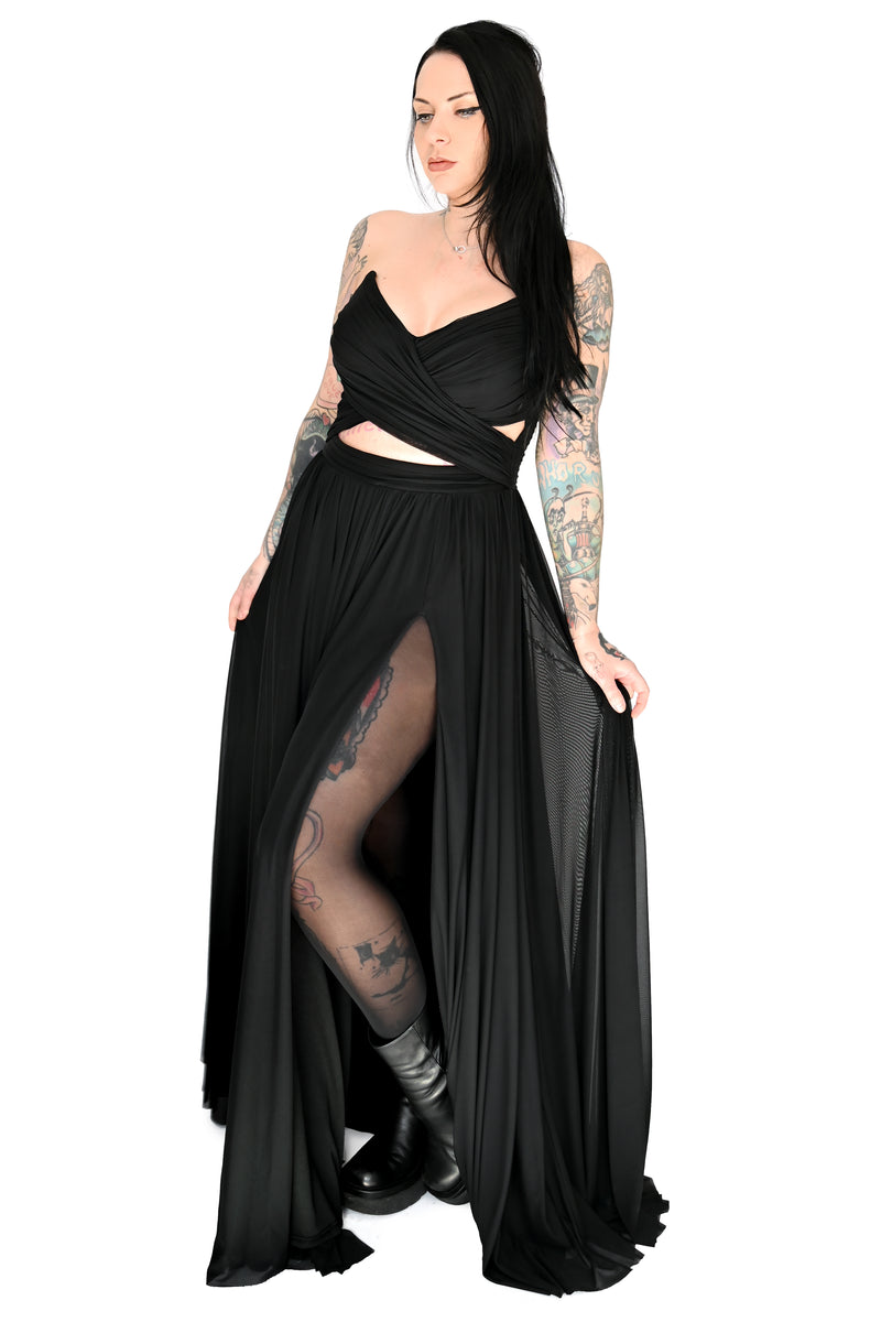 black mesh gown with keyhole waist and side slit