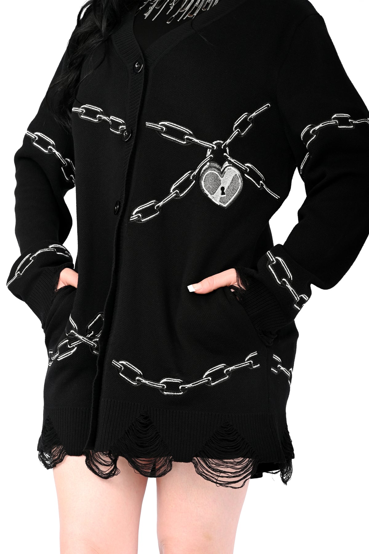 Black button up cardigan with embroidered chain and heart locket
