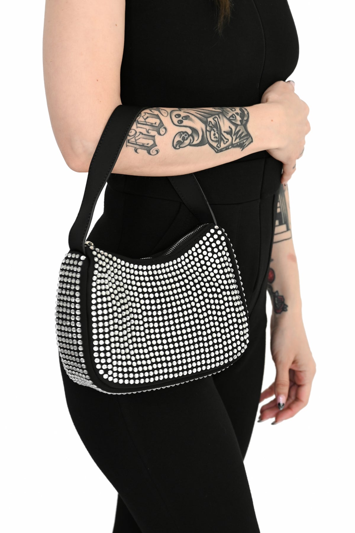 black sateen shoulder bag with all over rhinestones