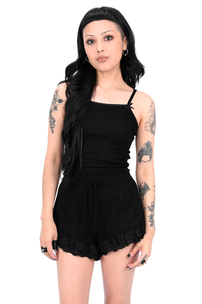 black soft knit pointelle shorts with 2 rows of black lace trim