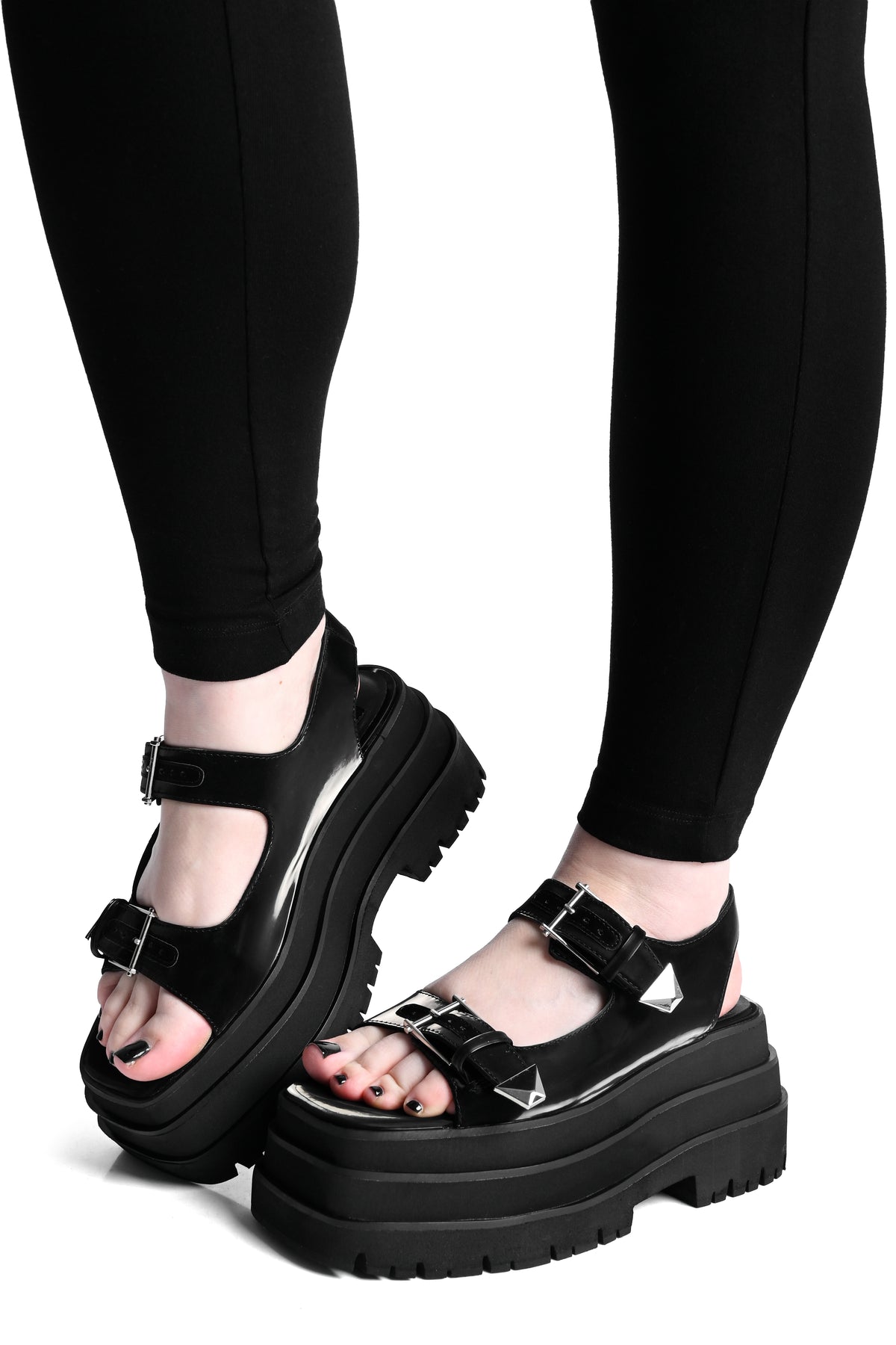 Black liquid velvet platform sandals with 2 adjustable straps.