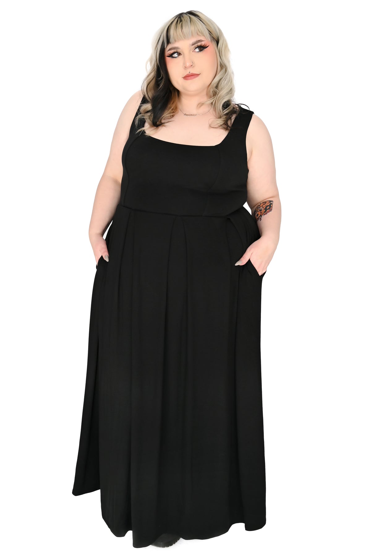 black maxi dress with square neckline and heart cut out on back