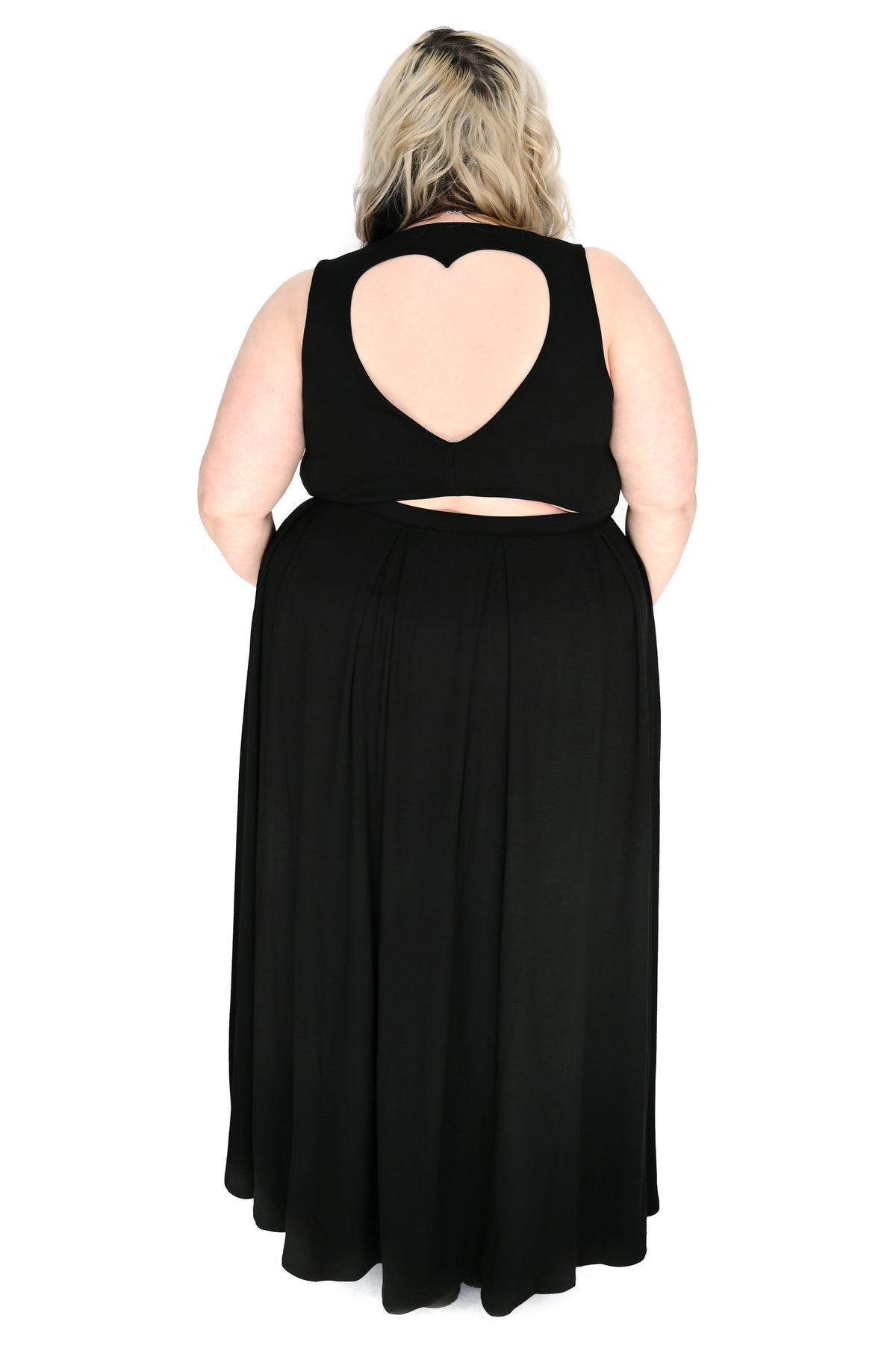 black maxi dress with square neckline and heart cut out on back