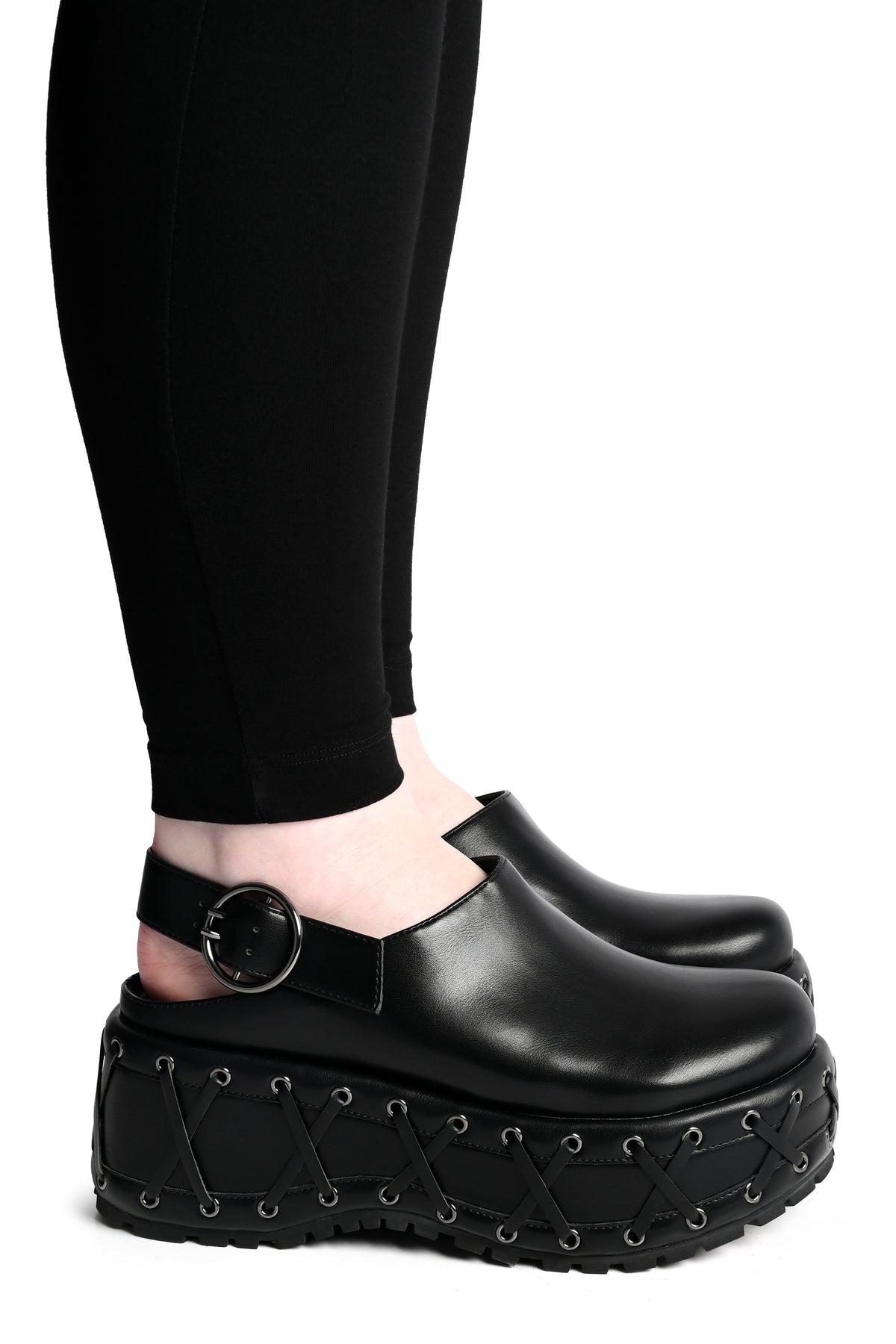 Black PU clogs with corseted chunky platform