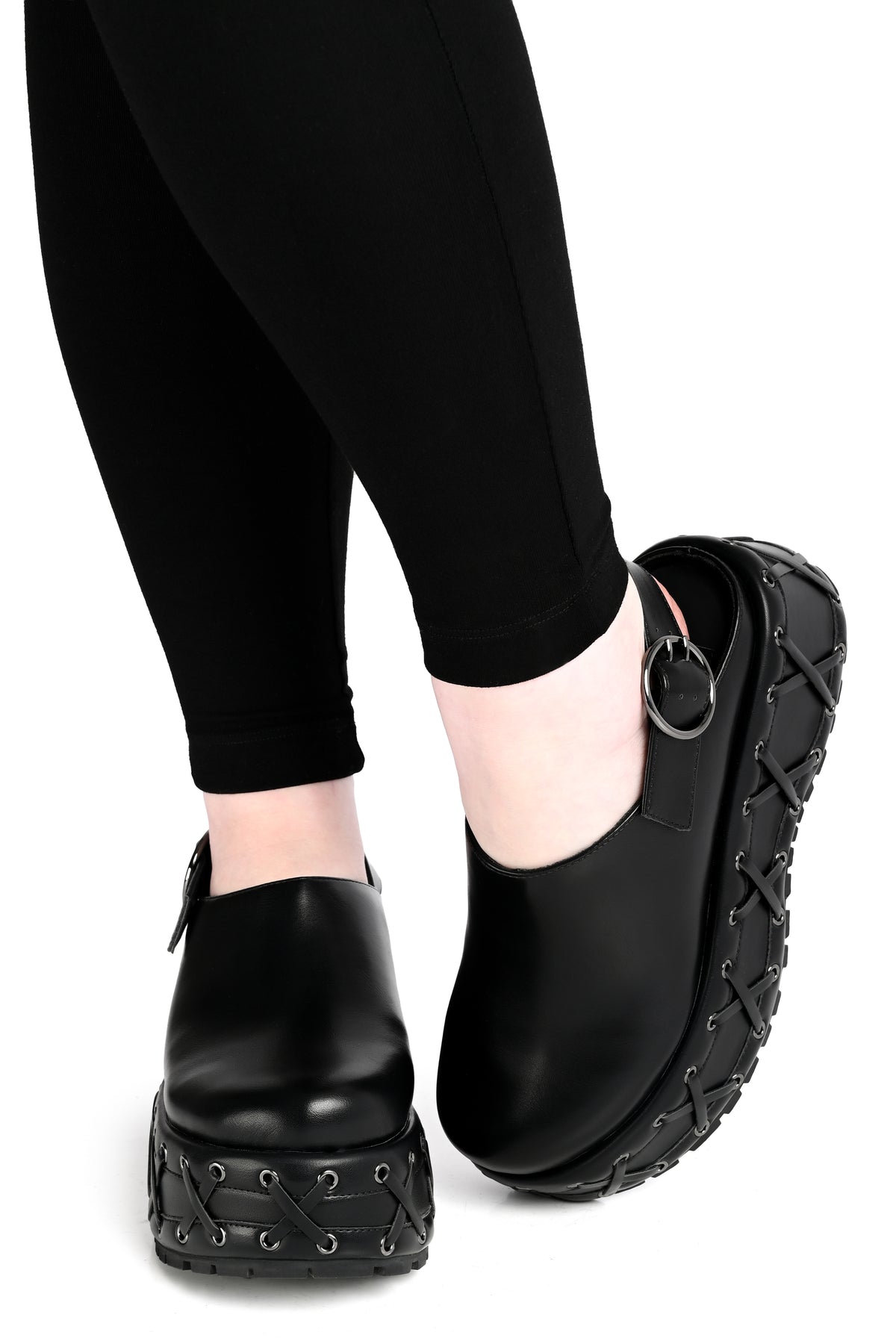Black PU clogs with corseted chunky platform