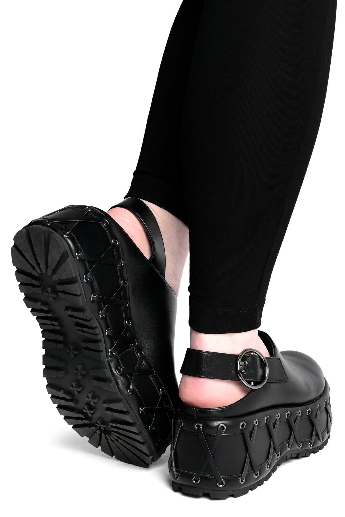 Black PU clogs with corseted chunky platform