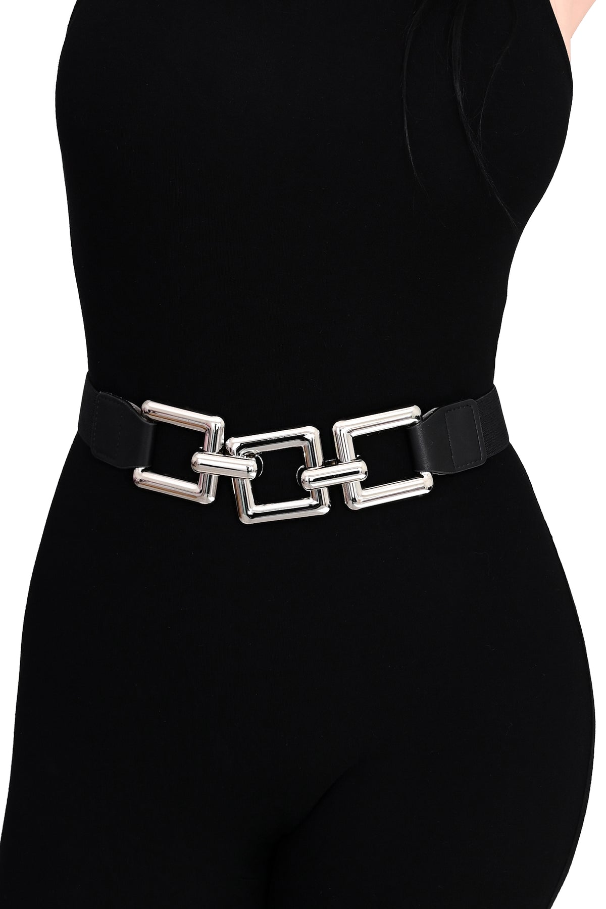 black elastic stretch belt with large chain links on front