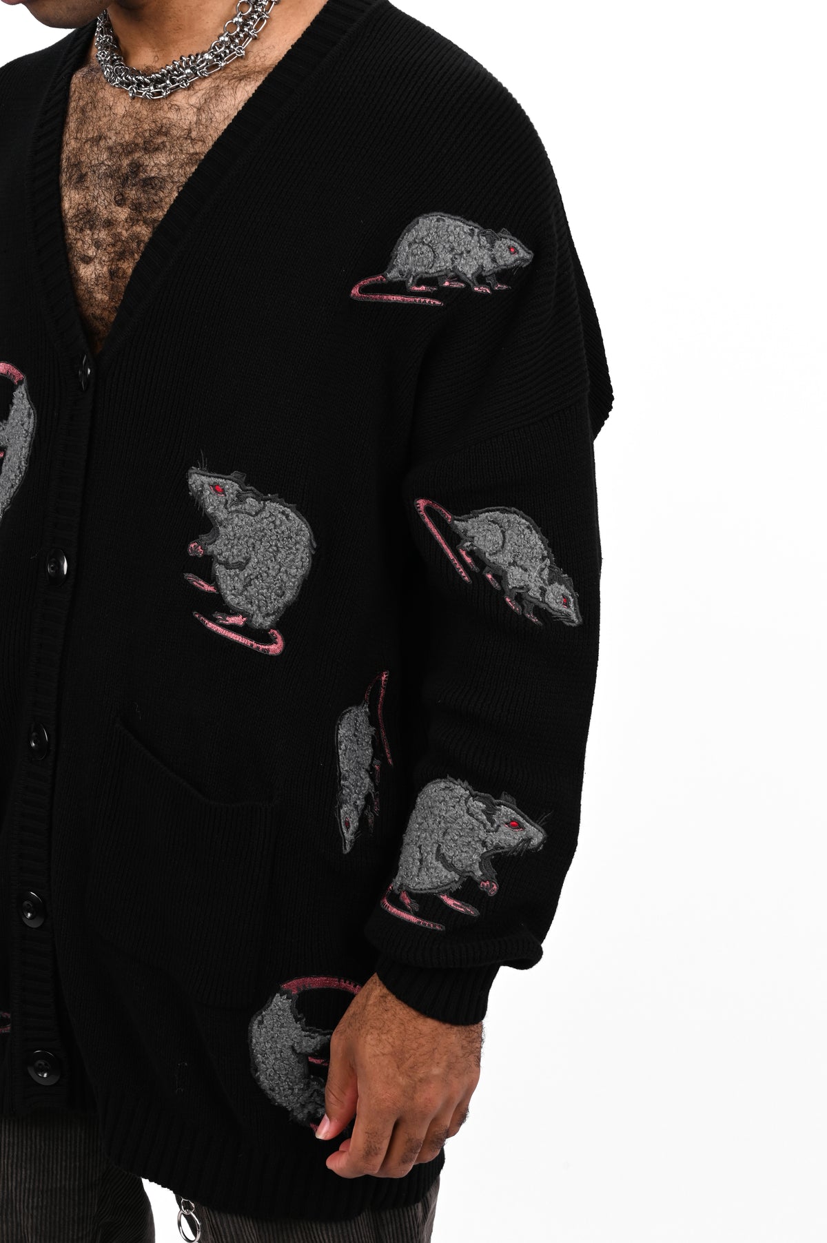 black cardigan with custom embroidered rat pattern