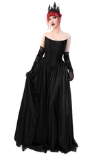 Made out of a luxe black stretch sateen, this gown features a tie corset back and hidden zipper below for the perfect fit in the bust and waist. The structured lightly boned bodice and drop waist give the most Evil Queen dramatic shape of our dreams. Underneath the gown is a light tulle layer to give volume and drama.