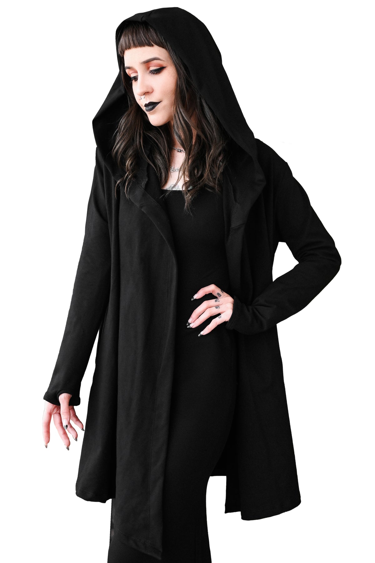 black hooded open front cardigan with thumbholes