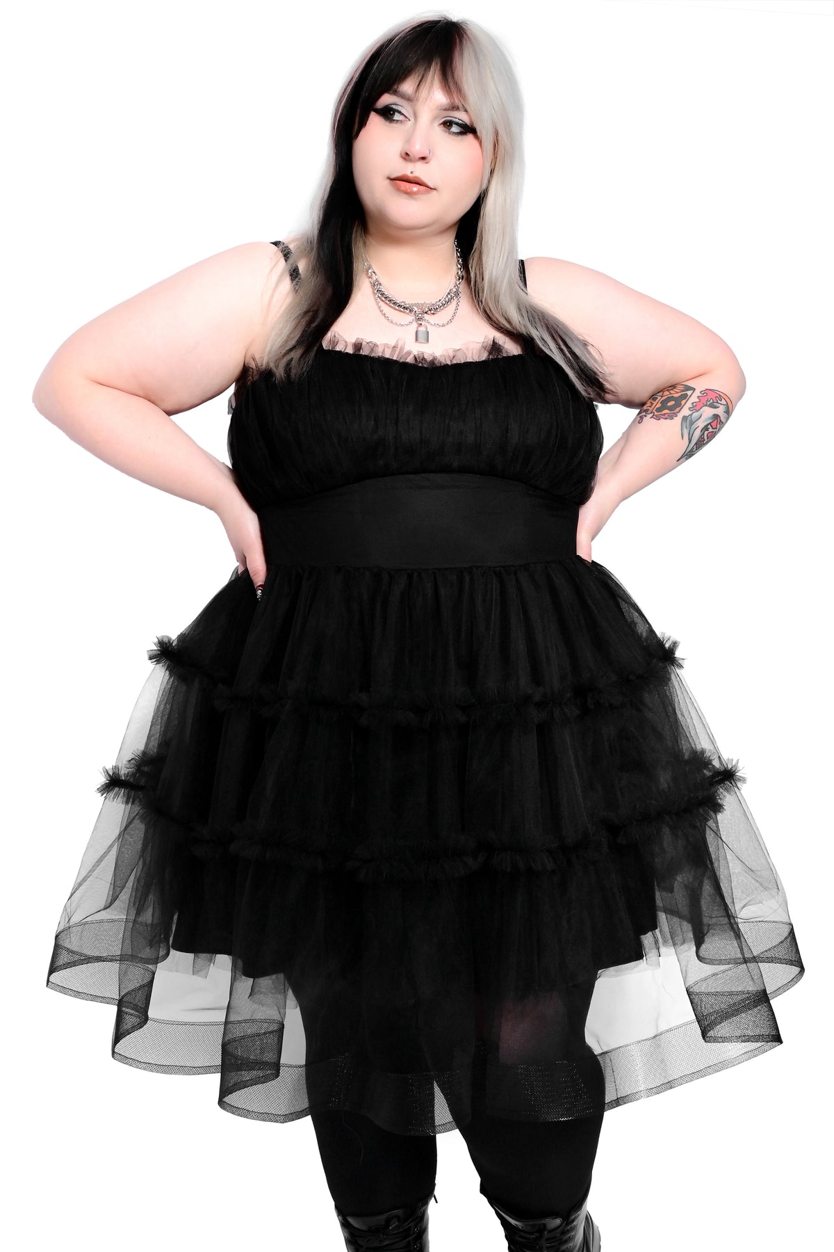 black tulle mini dress with inside ponte lining
