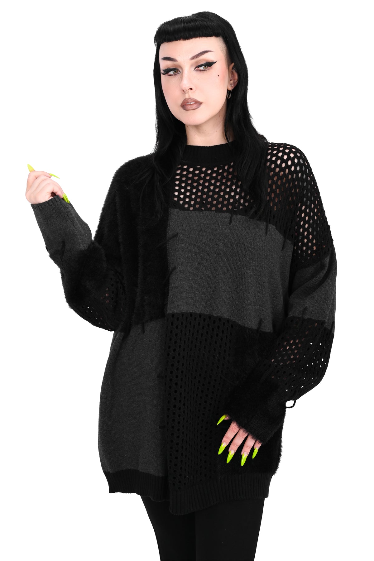 black and grey patchwork mixed knit sweater