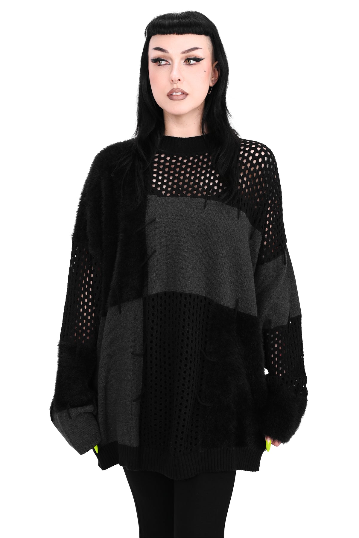 black and grey patchwork mixed knit sweater