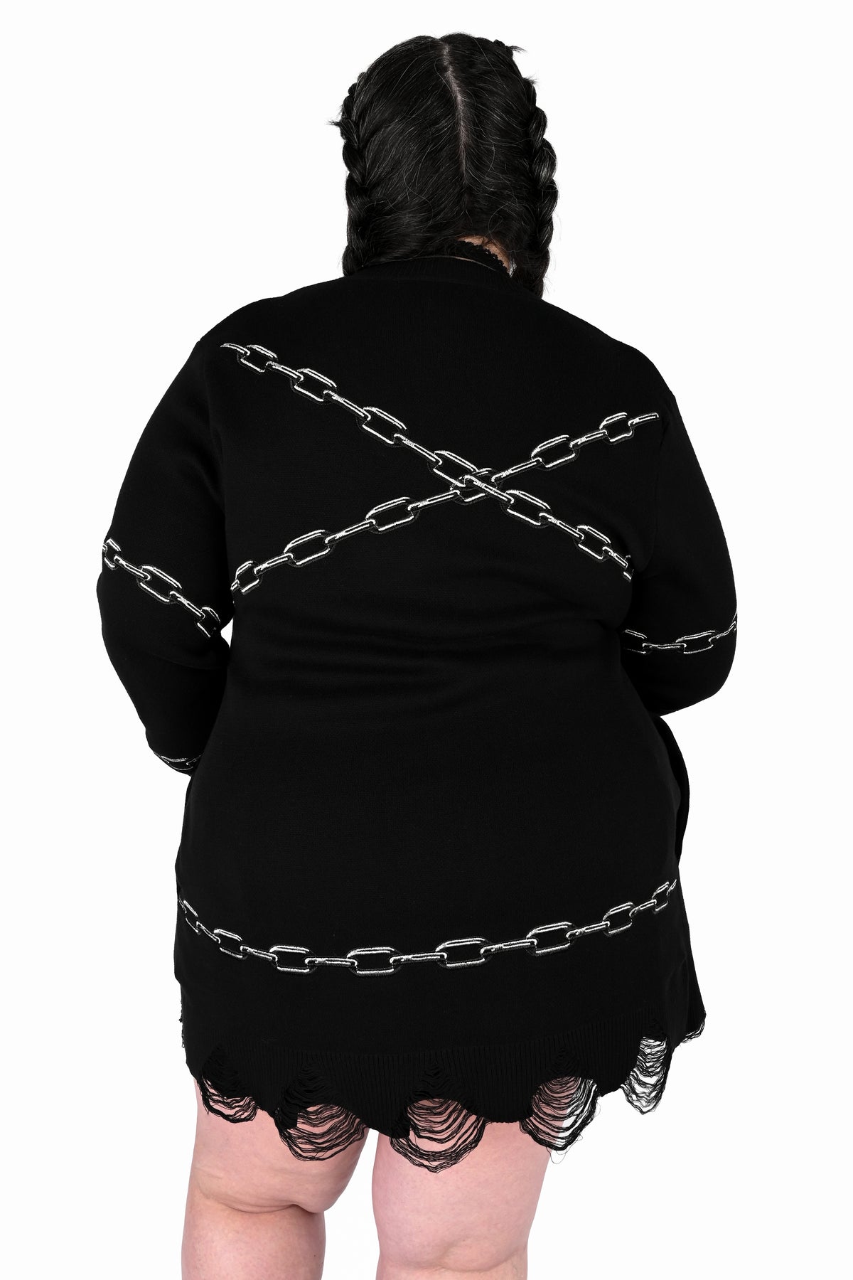 Black button up cardigan with embroidered chain and heart locket