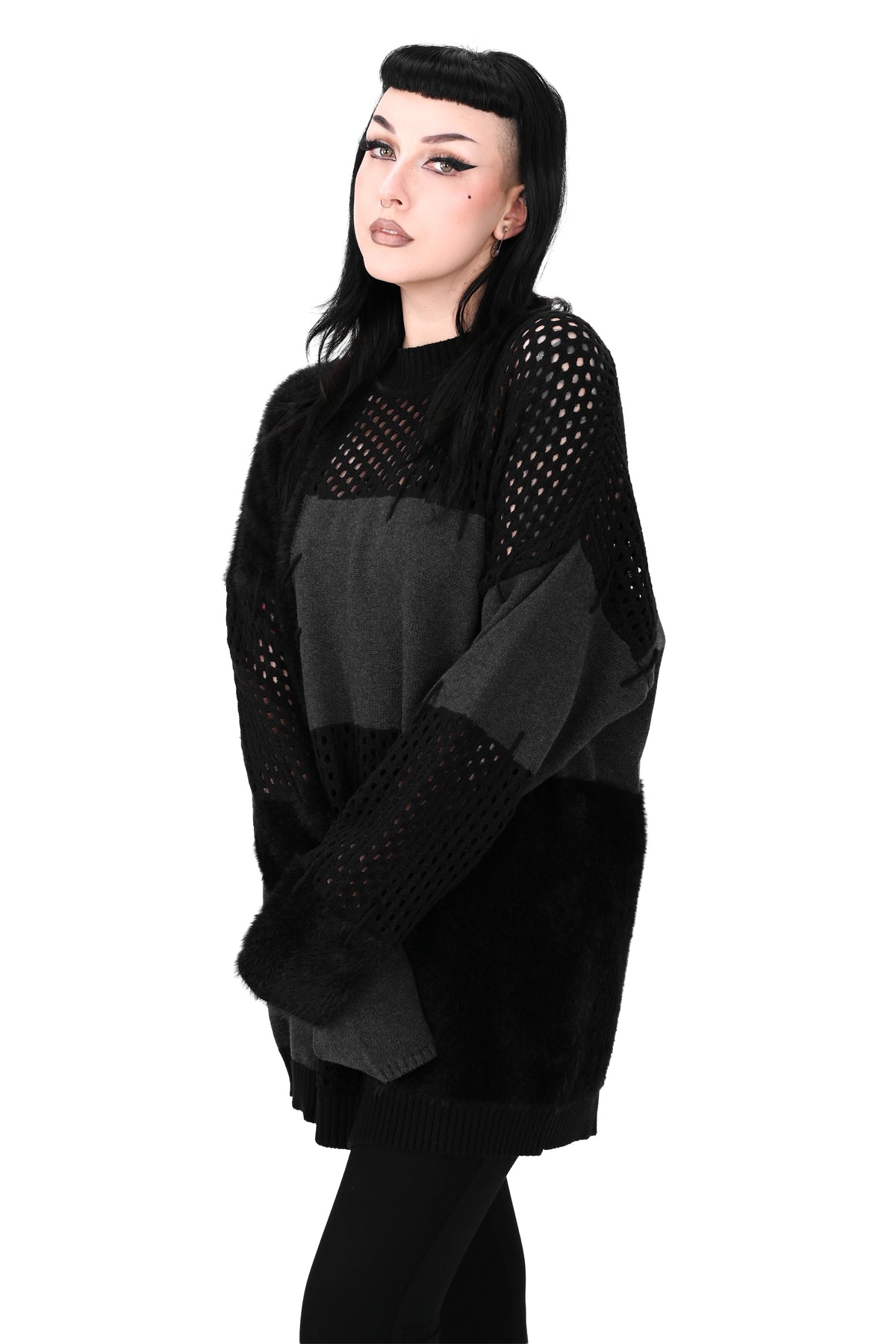 black and grey patchwork mixed knit sweater