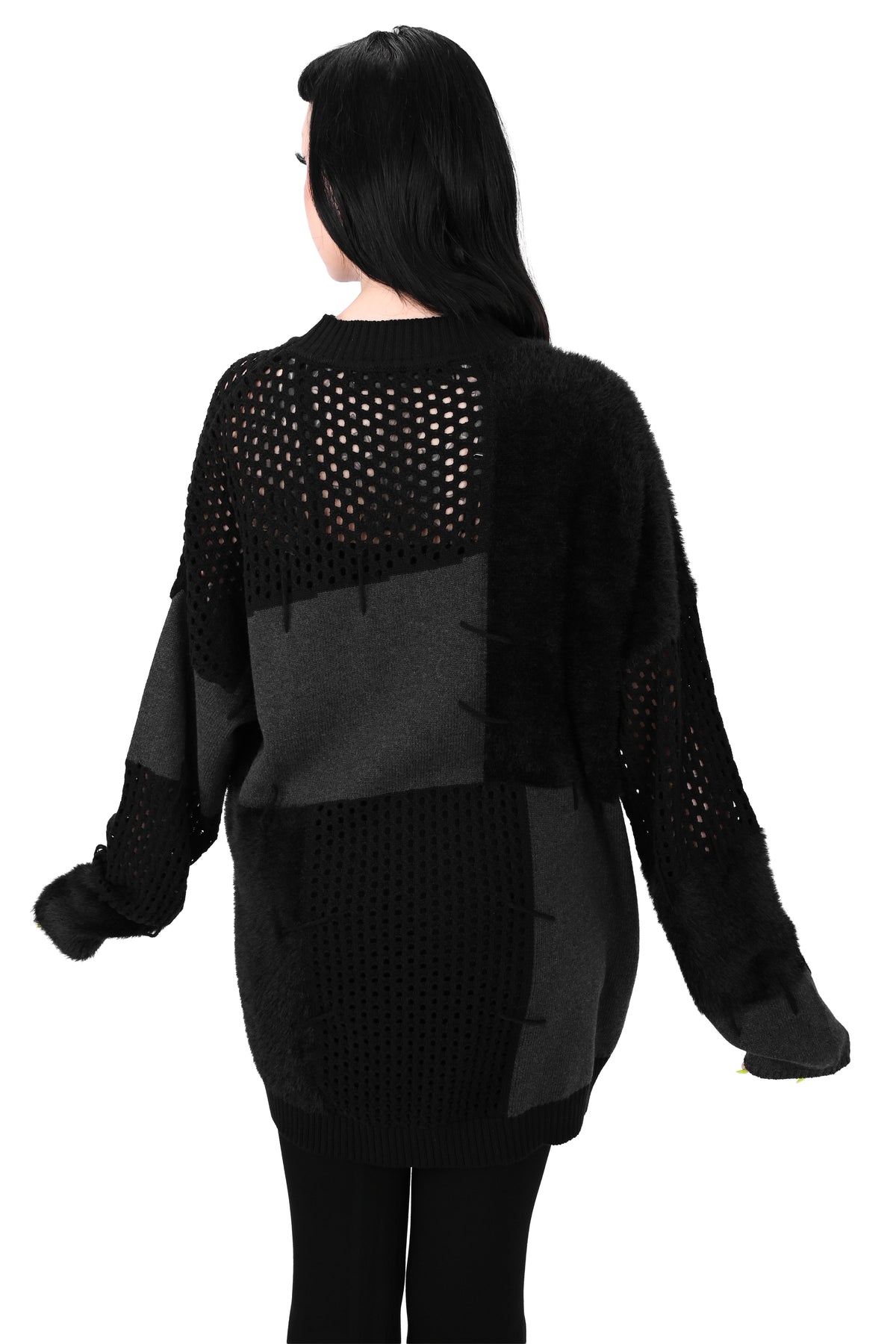 black and grey patchwork mixed knit sweater