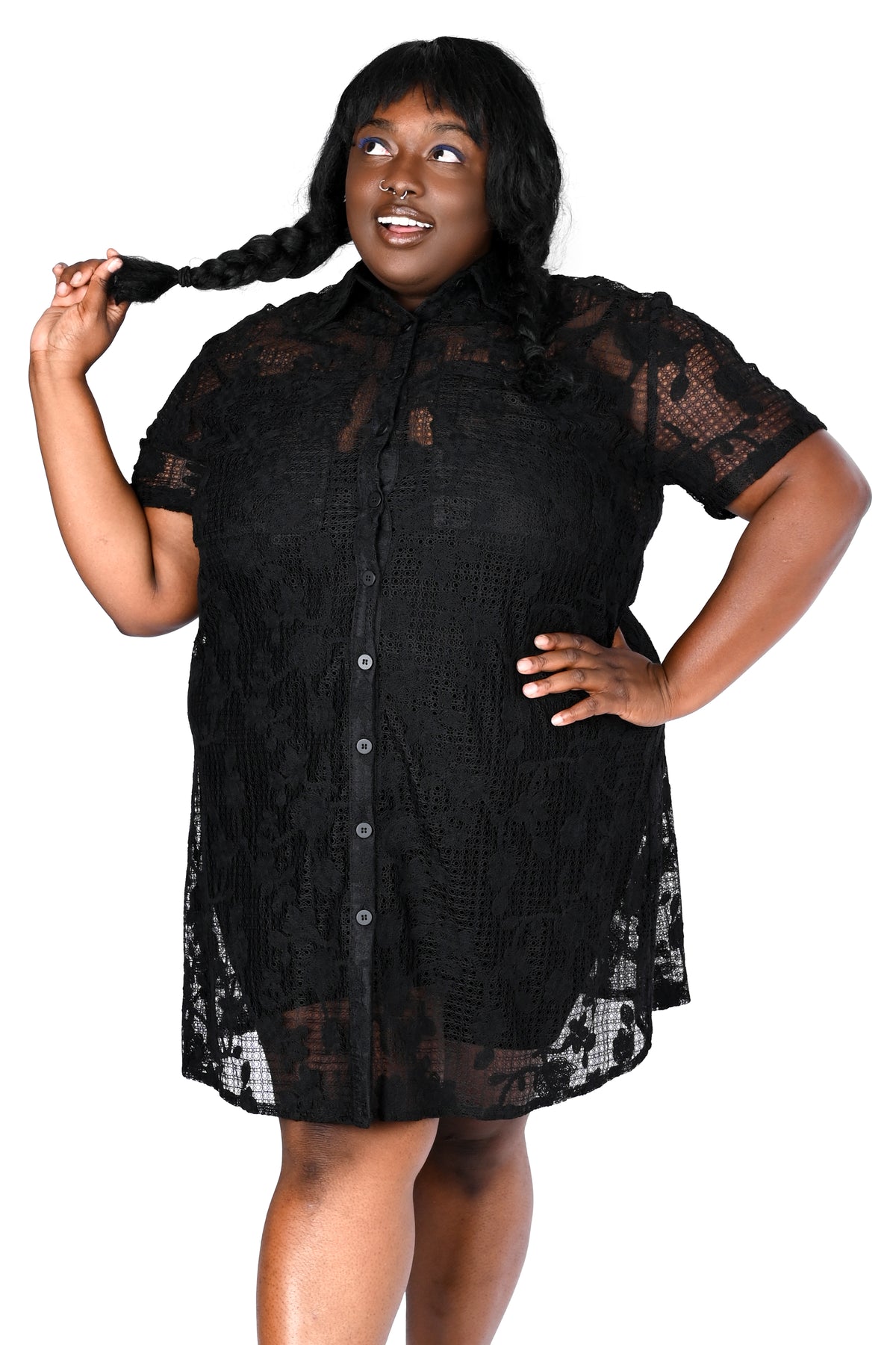 Oversized lace t-shirt dress with fully button up front.