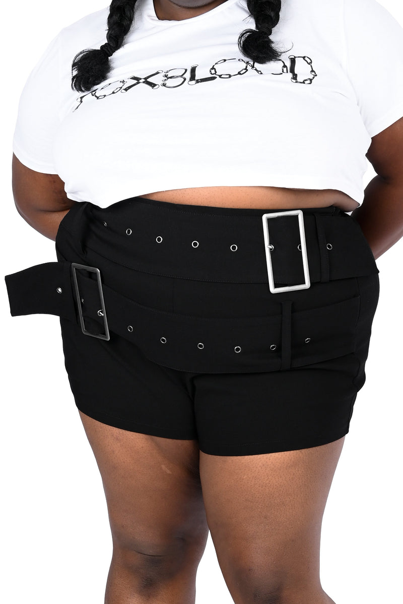 Black mini shorts with built in adjustable belt.
