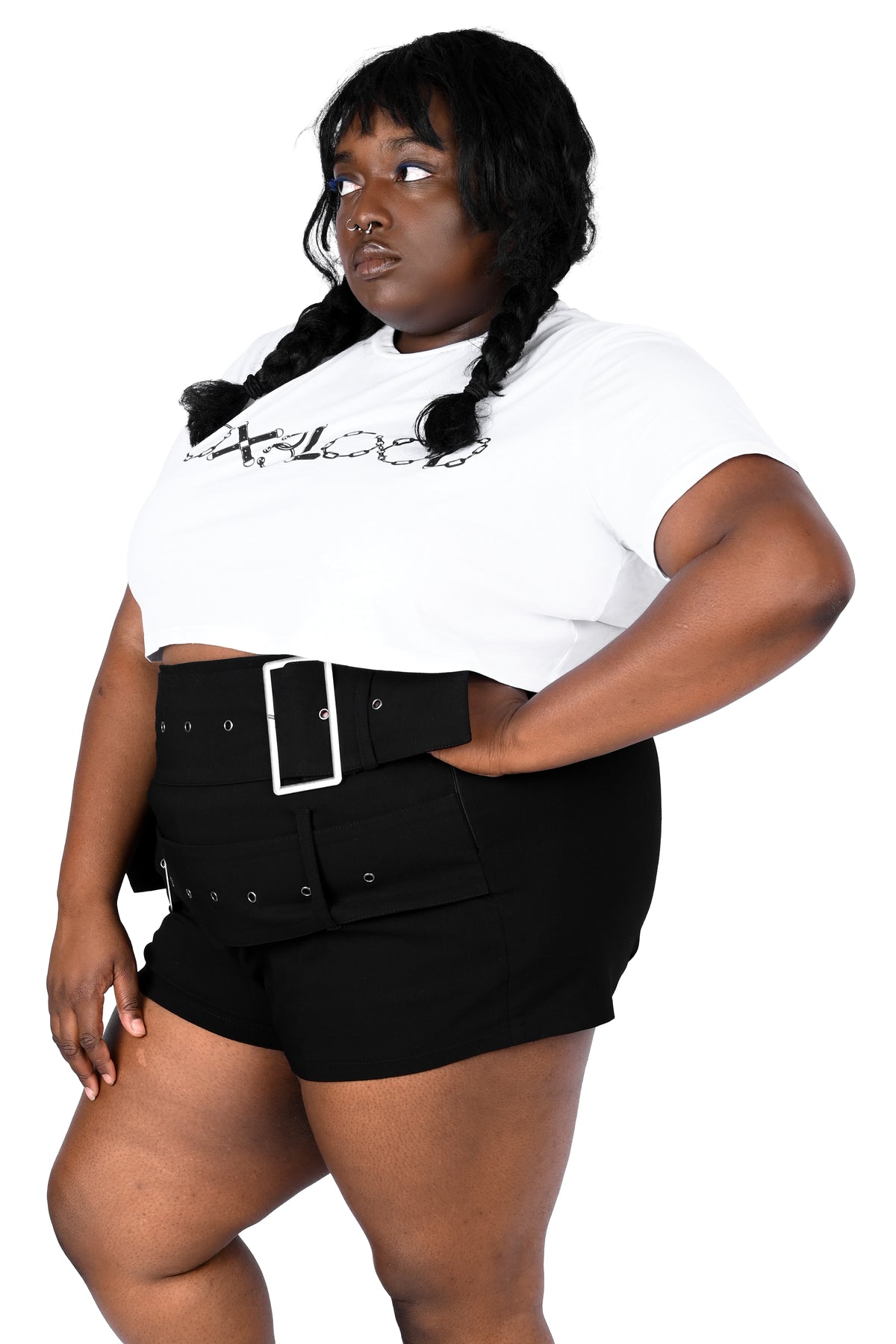 Black mini shorts with built in adjustable belt.