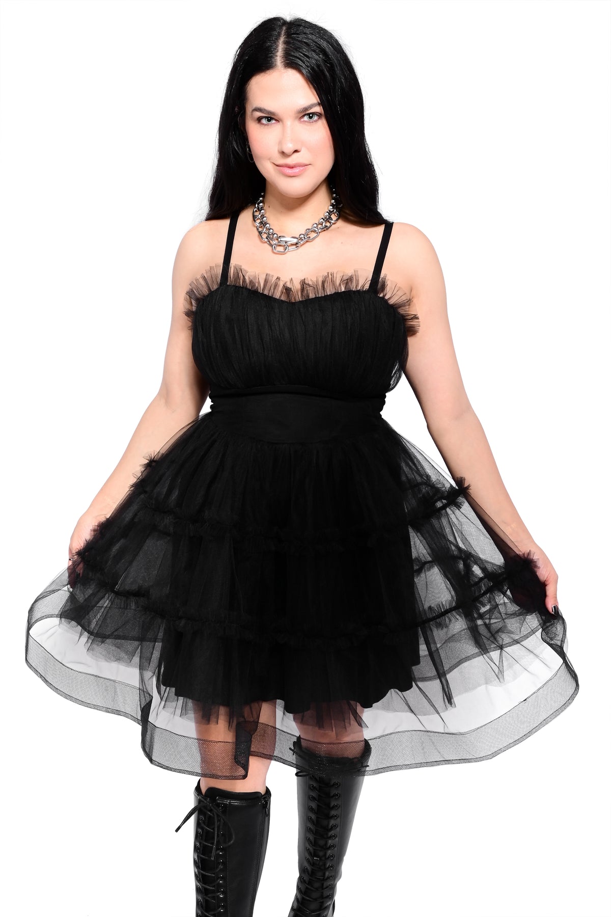 black tulle mini dress with inside ponte lining