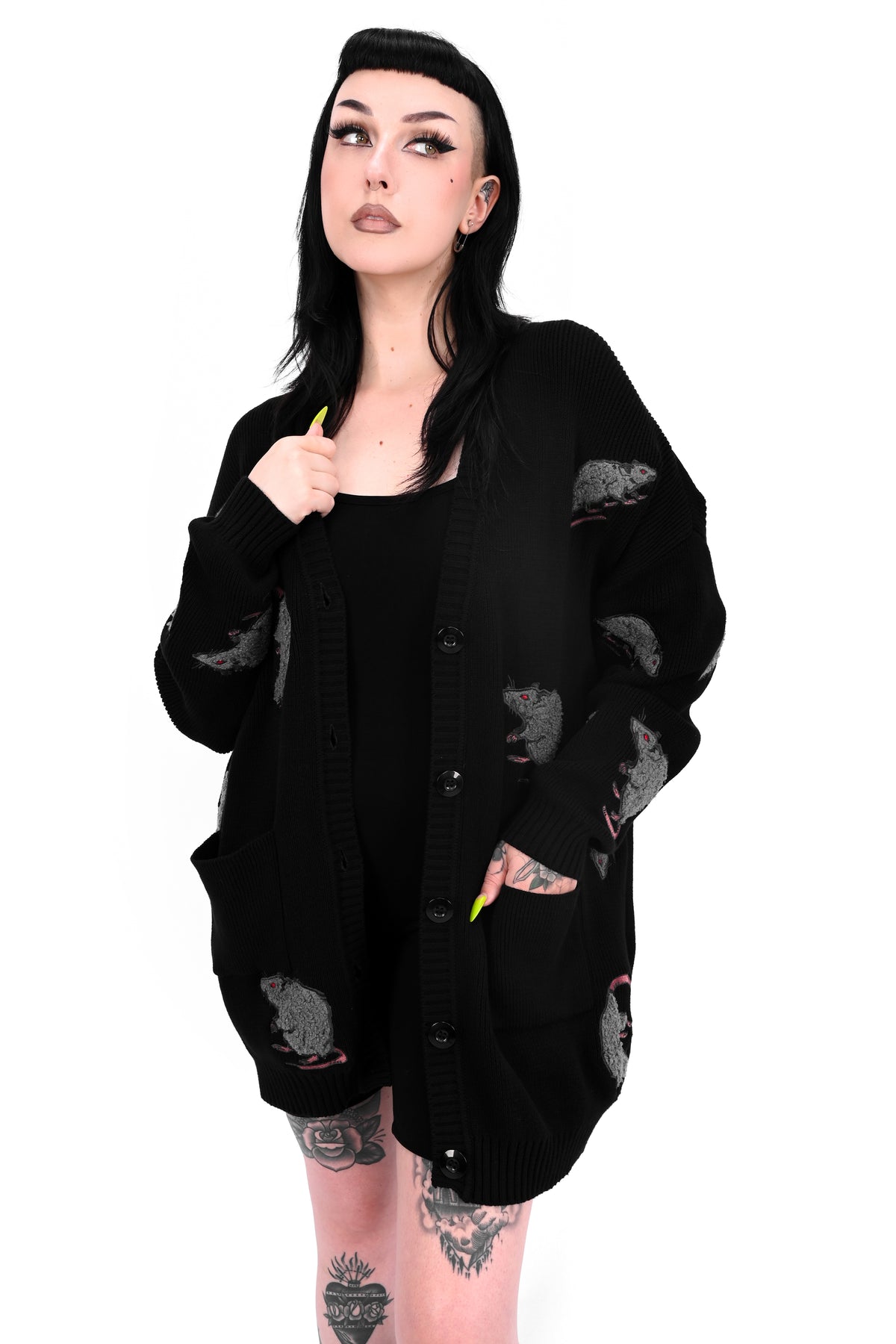 black cardigan with custom embroidered rat pattern